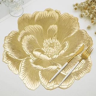 Placemats Set of 6, Embossed Floral Place Mats Round Gold 15 Inch
