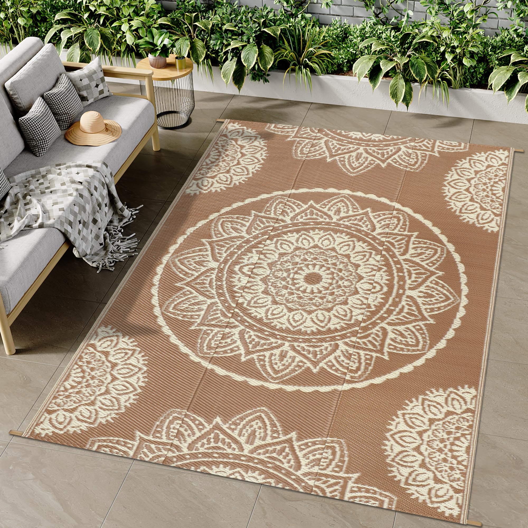 Famibay Outdoor Rugs for Patio Waterproof Garden Rug 150 x 245 cm Reversible Outdoor Rugs Plastic Straw Garden Carpet UV Resistant Portable Indoor Area Rug for RV Balcony Picnic Brown Beige