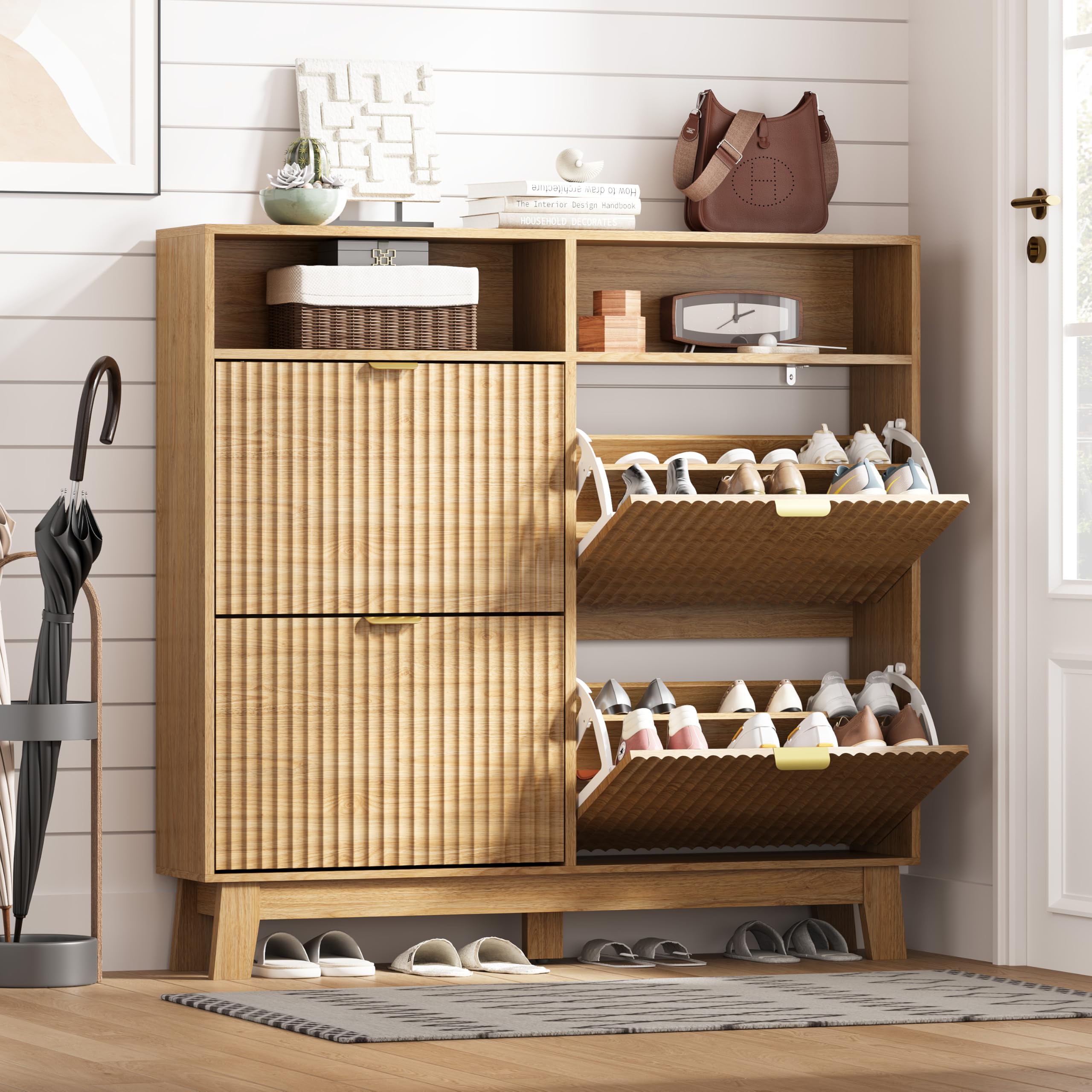HUANLEGO Shoe Cabinet Storage for Entryway with 4 Flip Drawers, Fluted Narrow Shoe Organizer with Wooden Legs &amp; Top Cubby, Freestanding Slim Shoe Storage Hidden Shoe Rack for Front Door Entrance, Oak