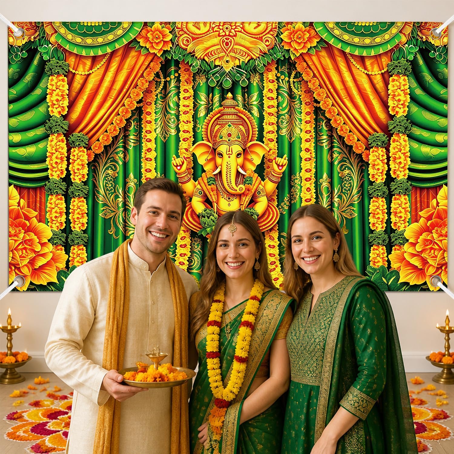 Happy Ganesh Chaturthi Decoration - Ganesh Chaturthi Backdrop Party Decor, Large Hindu Ganesha Indian Party Banner Supplies for Classroom Home Office Holiday, 71" X 43"
