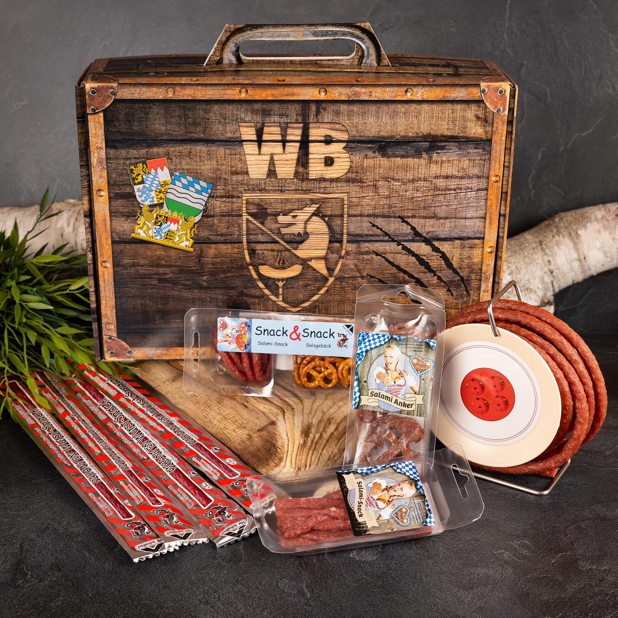 WURSTBARON® Feierabend Set ideales Paket für den Feierabend Wurstpaket aus Salami Snacks, Bayerischen Bier, Kabeltrommel und Taschenmesser