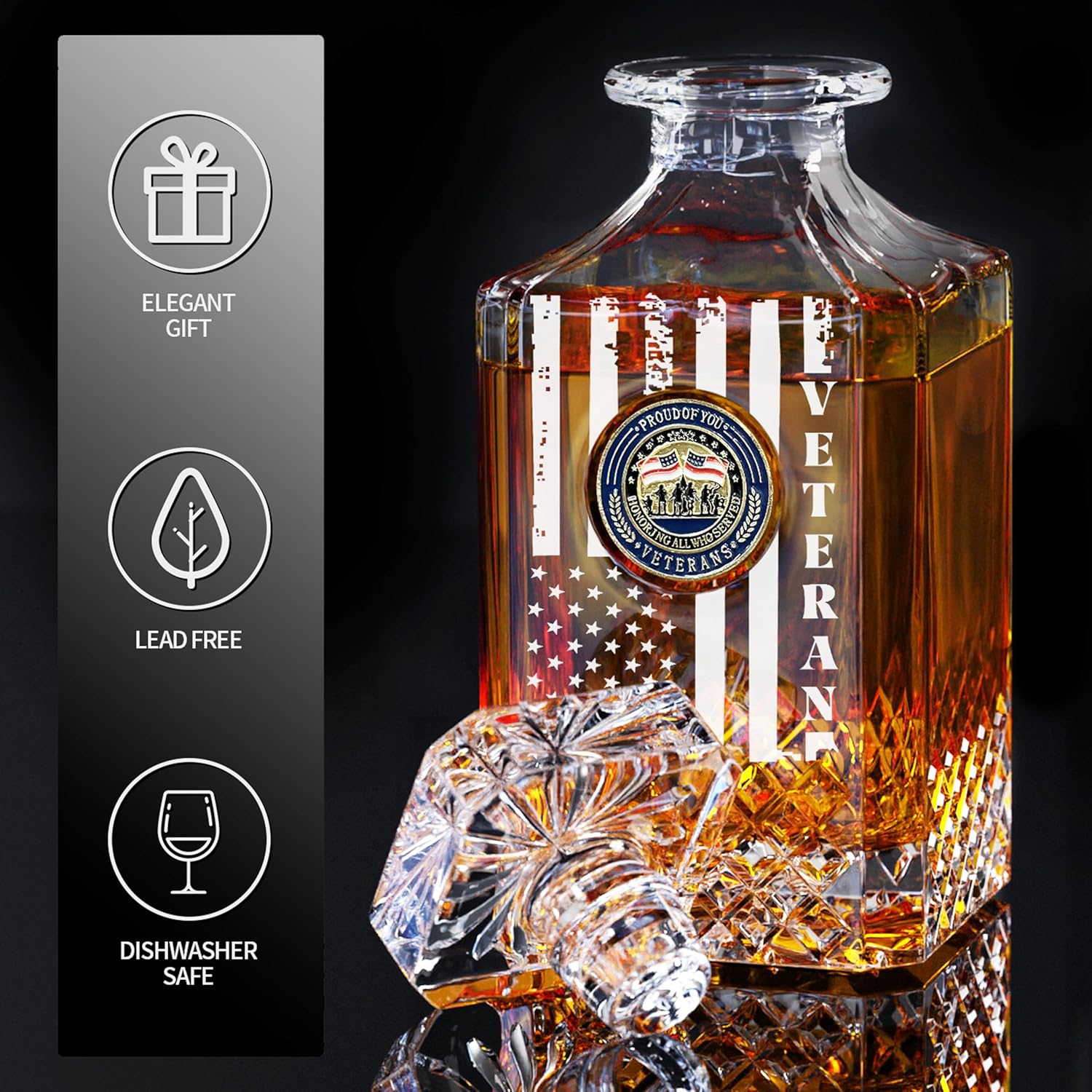 Veterans Day Gifts, Engraved Veteran Flag Whiskey Decanter Set with 2 Glasses, Navy Air Force Veterans Day Gifts, Memorial Day Military Gifts, Thanksgiving Christmas Gifts for Veteran - Image 2