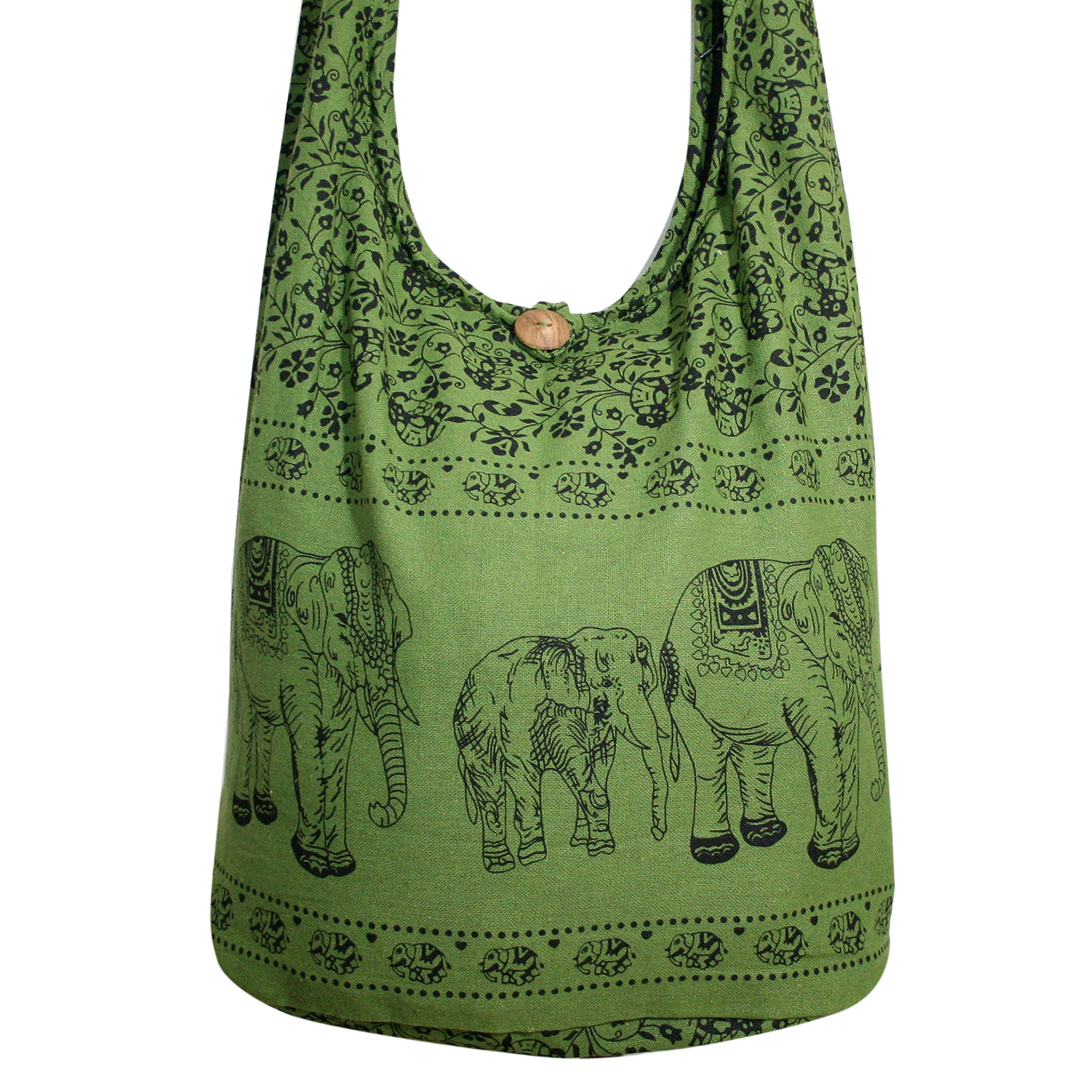 Thai Monk Buddha Cotton Elephant Sling Crossbody Messenger Bag Shlouder Purse Hippie Hobo Color Green