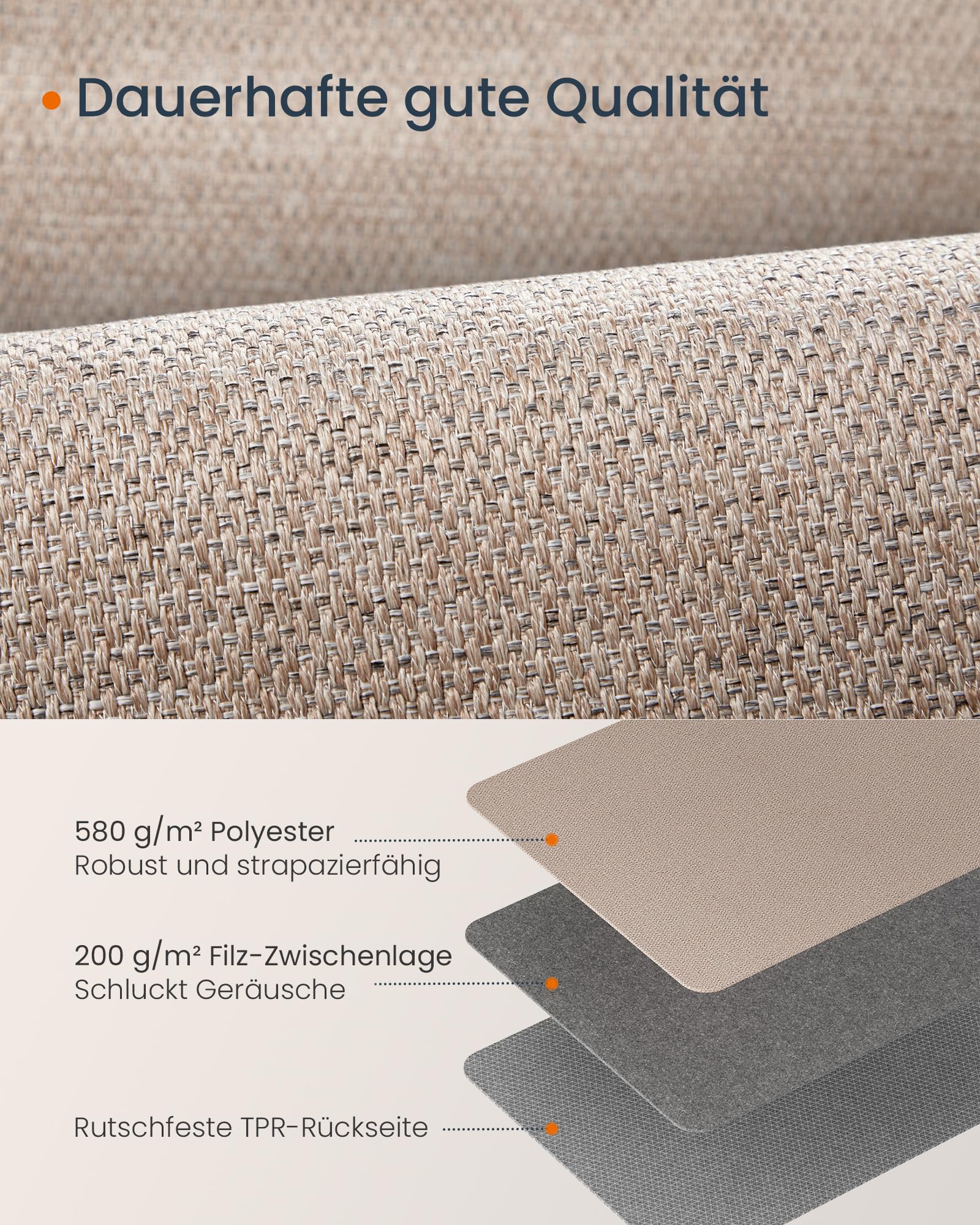 SONGMICS HOME Outdoor Teppich, 80 x 200 cm, Wohnzimmerteppich, Läufer, maschinenwaschbar, rutschfest, Jute-Optik, für Flur, Terrasse, Balkon, Küche, Schlafzimmer, Esszimmer, Kamelbraun TAR096K01