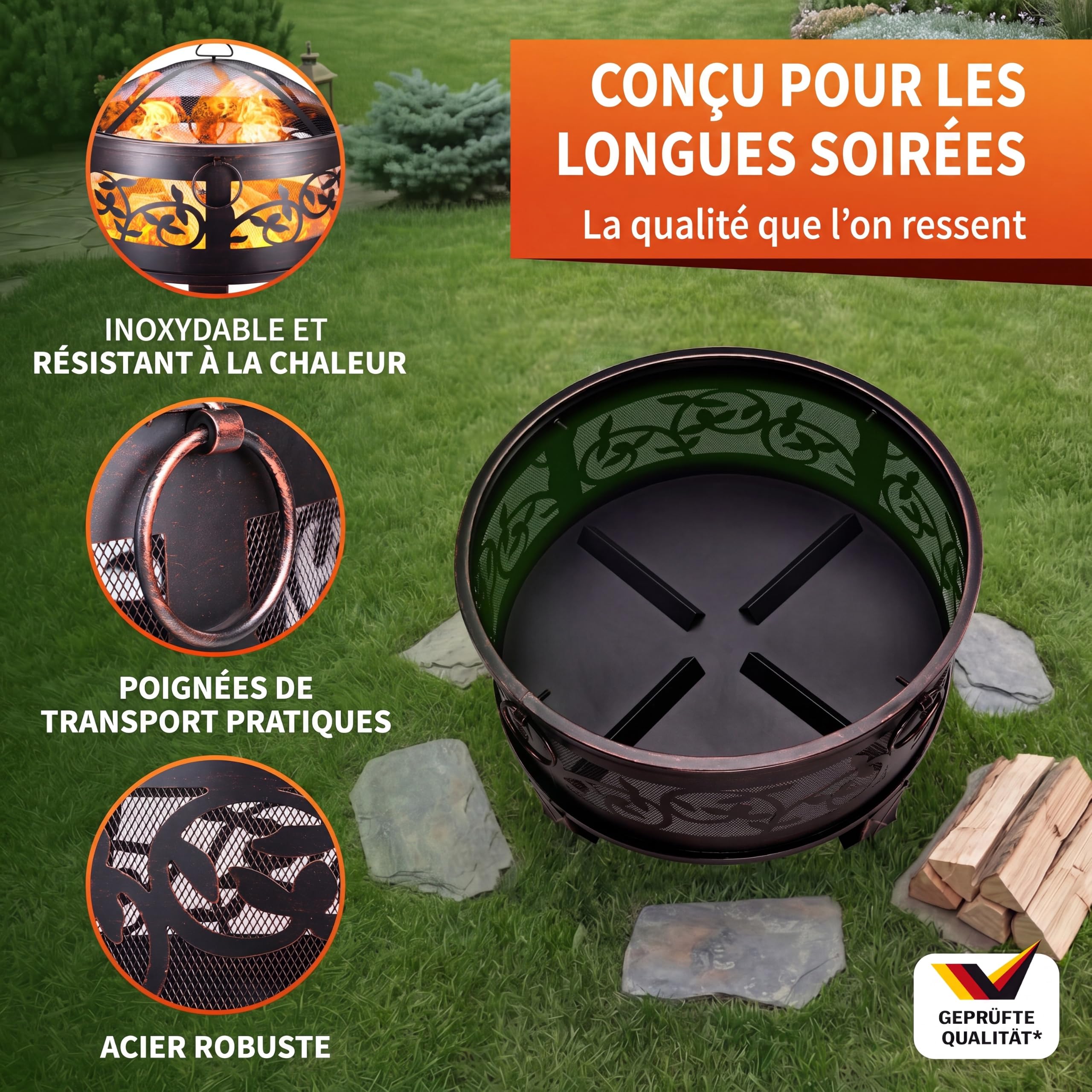 GARDEBRUK® Brasero Rond Ø67 cm en Acier Imitation Rouille Protection Anti-Étincelles Jardin Terrasse Cheminée d'Extérieur