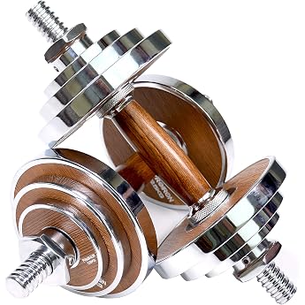 PROIRON Dumbbell 10 kg Set of 2 Innovative Walnut and Steel 20 kg Adjustable Dumbbell Bar with Double Anti-Loose Lock Protection for Muscle Training, Weight Fitness, Home Gym