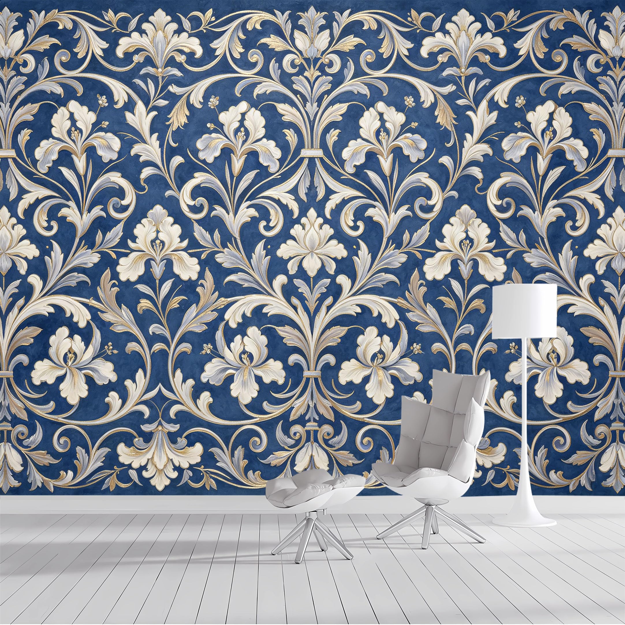 Custom Size Wall Mural Royal Blue Floral Damask Baroque Ornament SelfAdhesive Wall Fabric Removable Peel and Stick Wallpaper Wall Decor for Living Room Bedroom Bathroom