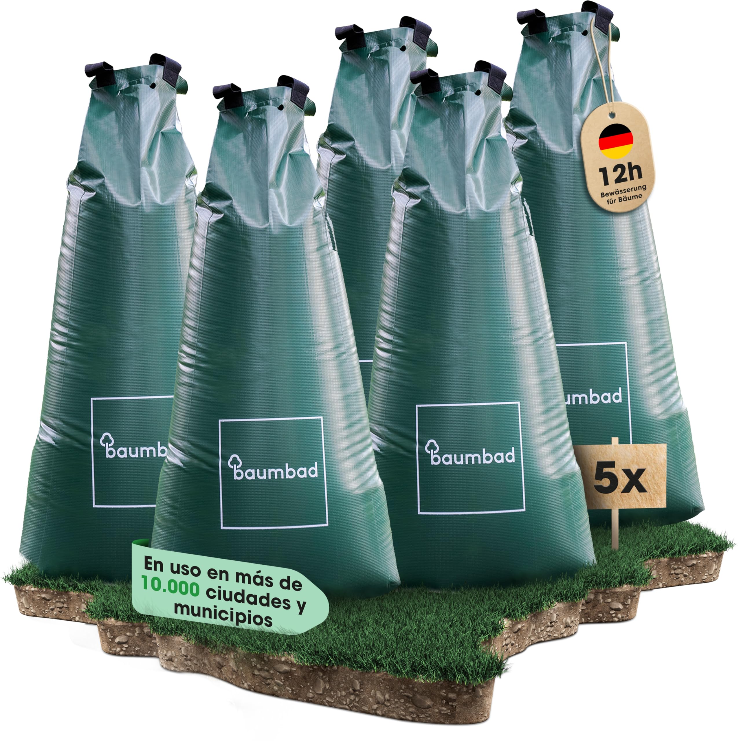 baumbad 5 bolsas de riego premium de 100 litros, PVC resistente a los rayos UV, saco para árbol de riego, color verde