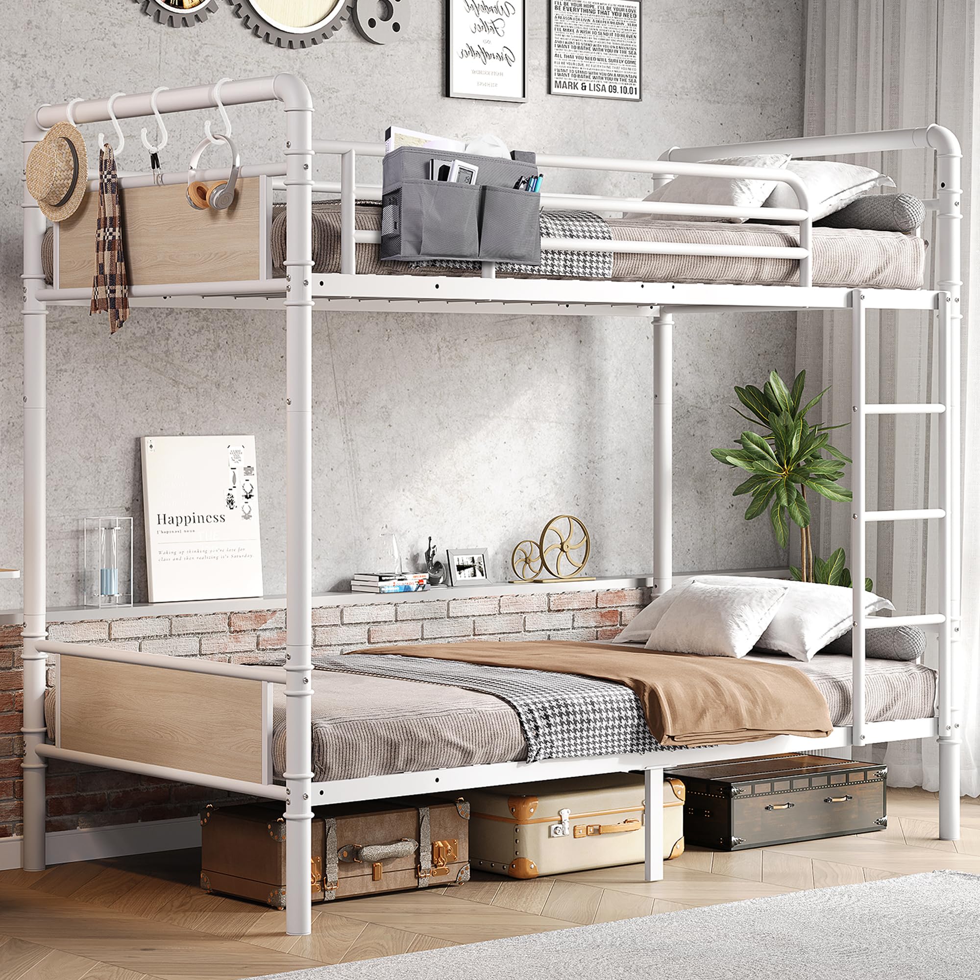 Jocoevol Metal Bunk Bed Twin Over Twin, Industrial Bunkbeds Heavy Duty Bed with Safety Guard Rails and Space-Saving Design, Steel Bed for School, Bedroom (White)