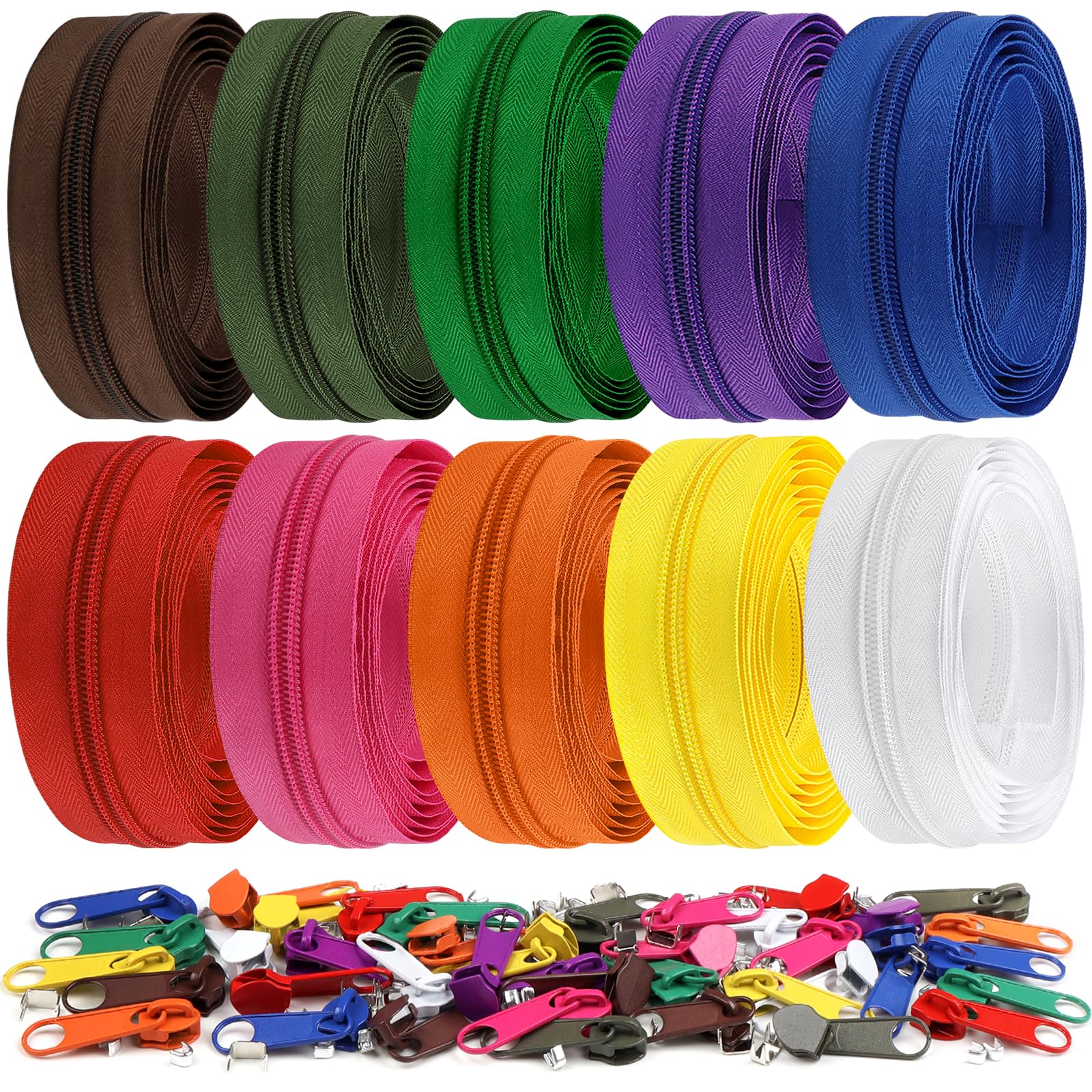 DOITEM 22 Yards/ 20 m 10 Pieces Assorted Colors #5 Nylon Coil Zippers