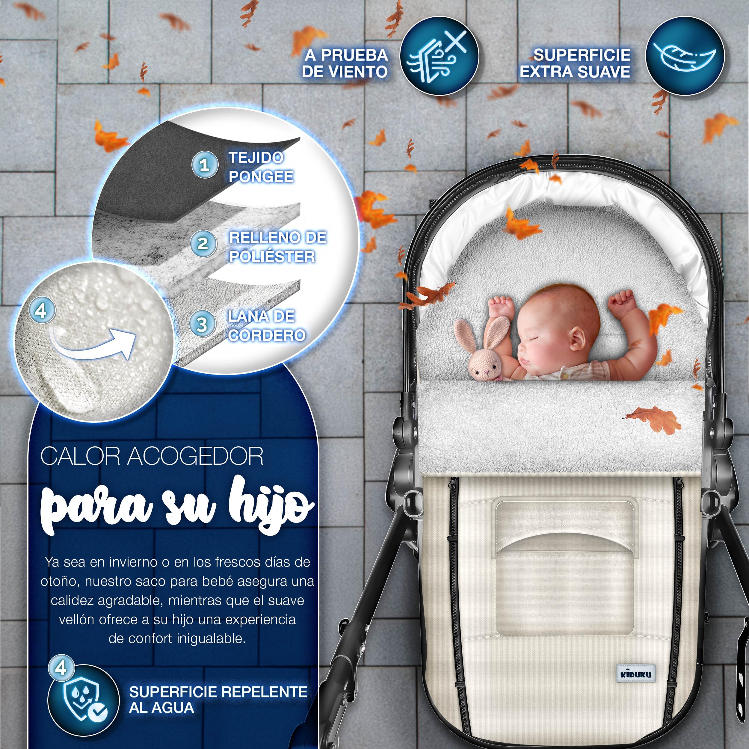 KIDUKU Saco de Invierno para Cochecito, Carrito | Saco Universal Térmico para Bebé, Silla de Paseo, Carro | Lavable | con Cremallera y Gran Bolsillo