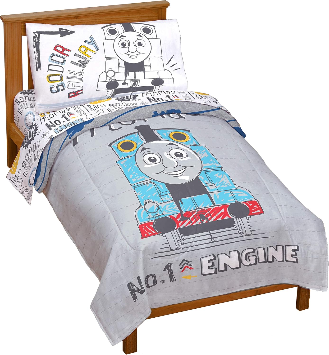 Thomas & Friends Thomas Doddle Days 4 Piece Toddler Bed Set - Includes Reversible Comforter & Sheet Set - Super Soft Fade Resistant Microfiber - (Official Thomas & Friends Product)