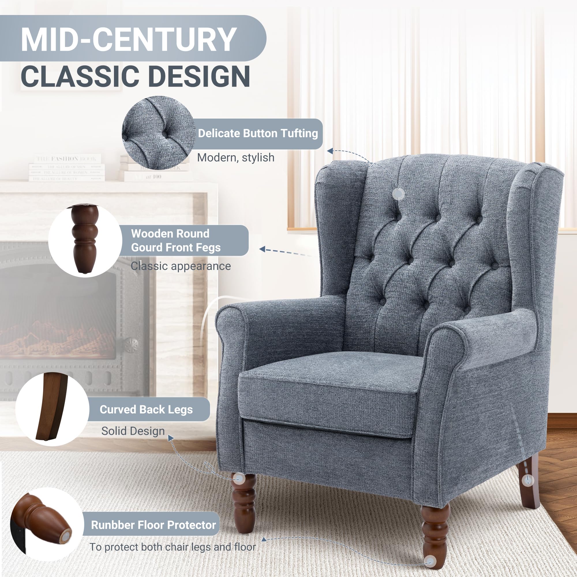 Wingback Armchair for Living Room Upholstered High Back Accent Chair with Tufted Backrest, Rolled Arms and Solid Wood Legs - Image 4