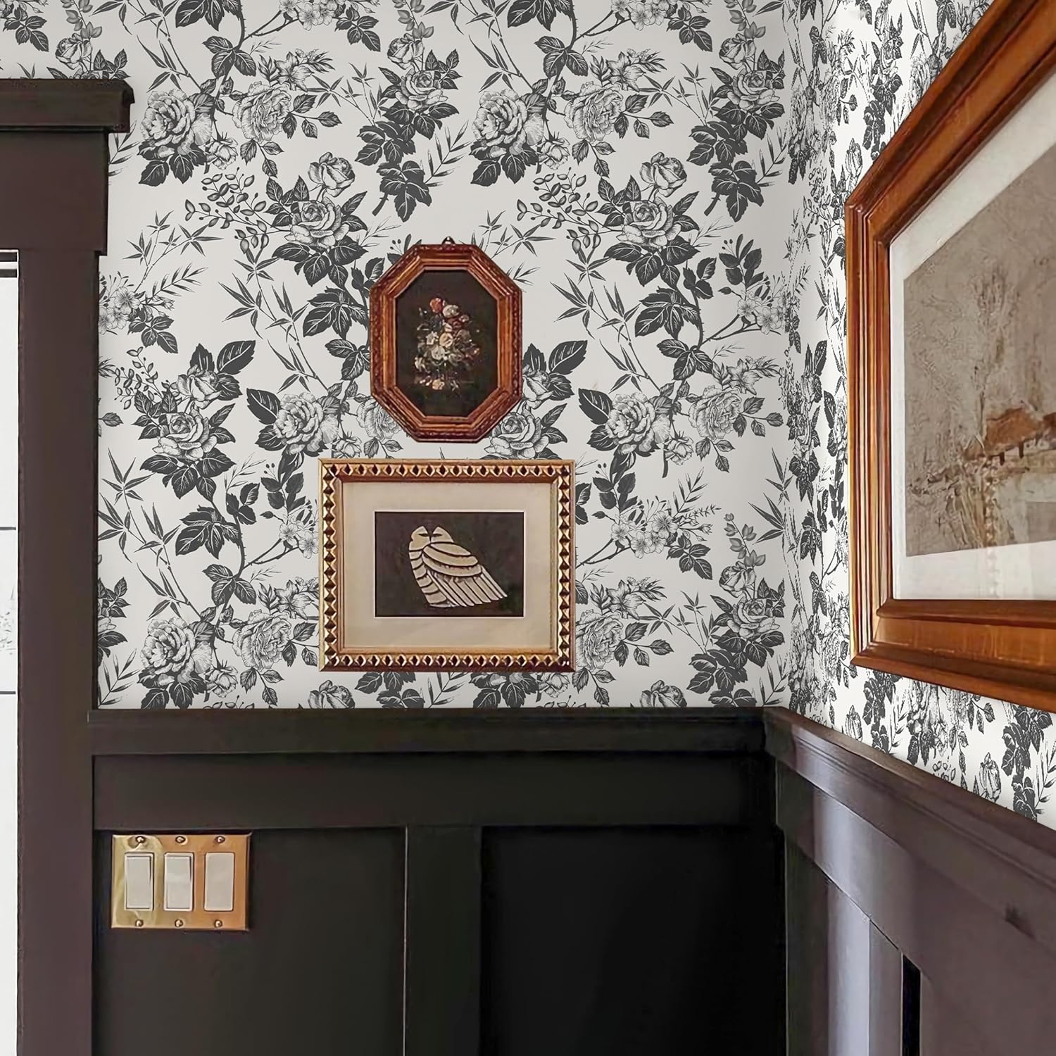 Rugreat Vintage Floral Wallpaper Peel and Stick Boho Rose Flower Contact Paper for Cabinets 393inL 17.3inW Self Adhesive Removable Wallpaper for Bathroom Waterproof Botanical Floral/Leaf Black/White