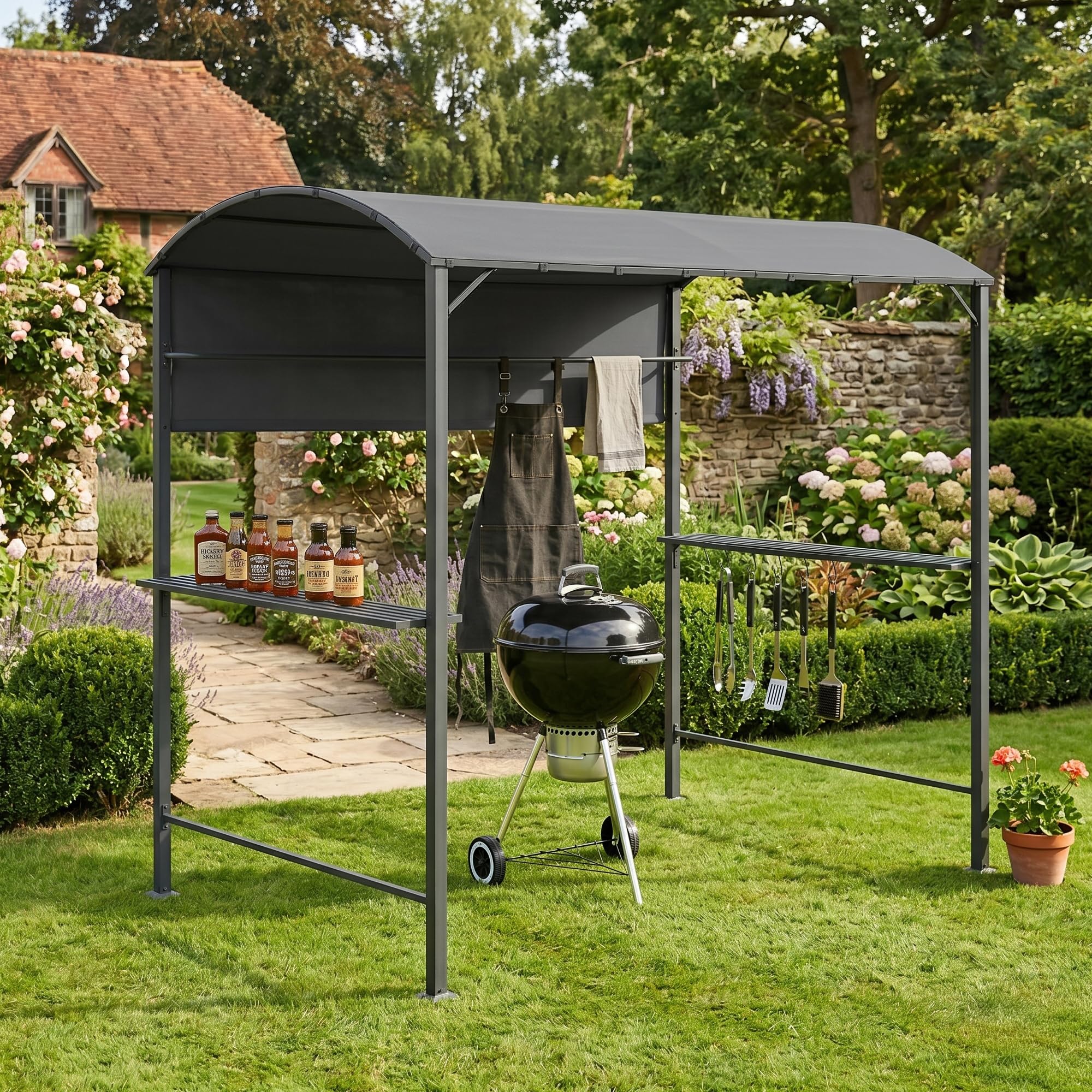 [en.casa] Pawilon grillowy Pyrgos 215 x 220 x 140 cm, namiot grillowy z barkami, grill pawilon, daszek na grilla, dach okrągły, odporny na działanie wody, stalowy stelaż, ciemnoszary