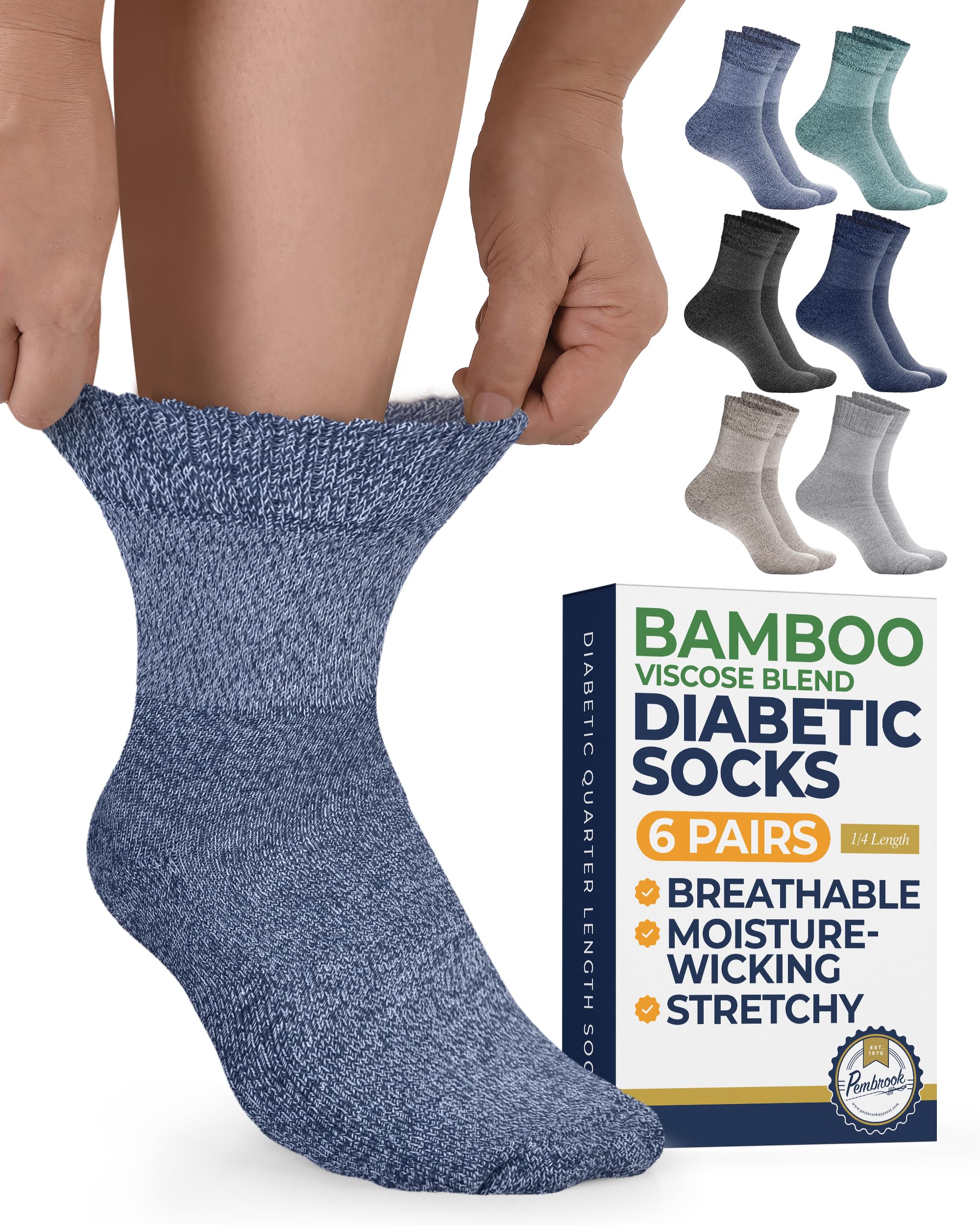 Pembrook Bamboo Viscose Diabetic Socks for Women & Men - 6 Pairs Ankle Socks for Swollen Feet | Neuropathy Socks | Moisture Wicking Diabetic Socks for Men 9-12 | Black, White, Beige, Aqua, Blue, Navy