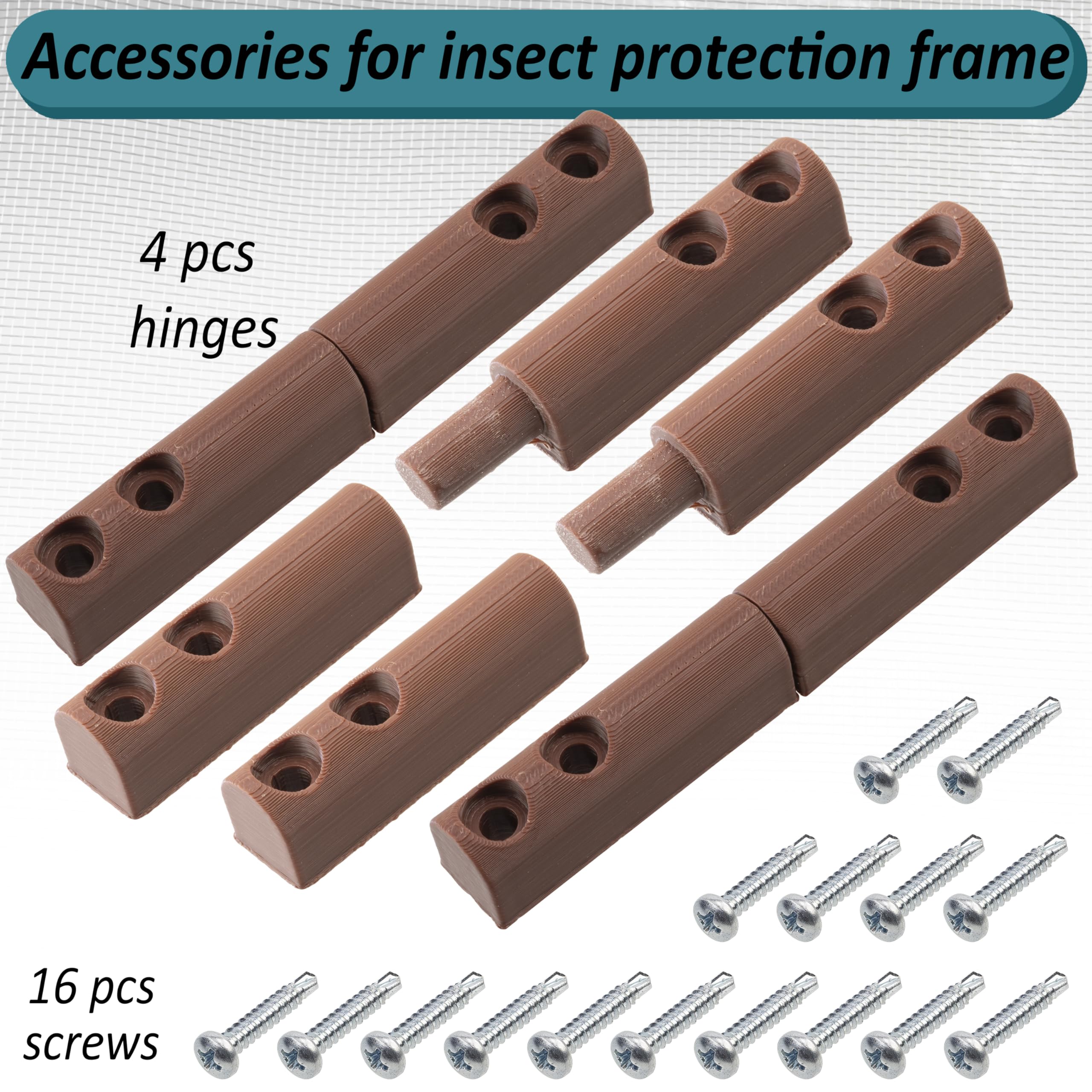 AERZETIX - Set di 4 cerniere avvitabili da 90 mm per telaio di zanzariera adatte a finestre e porte + 16 viti autofilettanti Ø3.9x22 mm | in plastica colore marrone