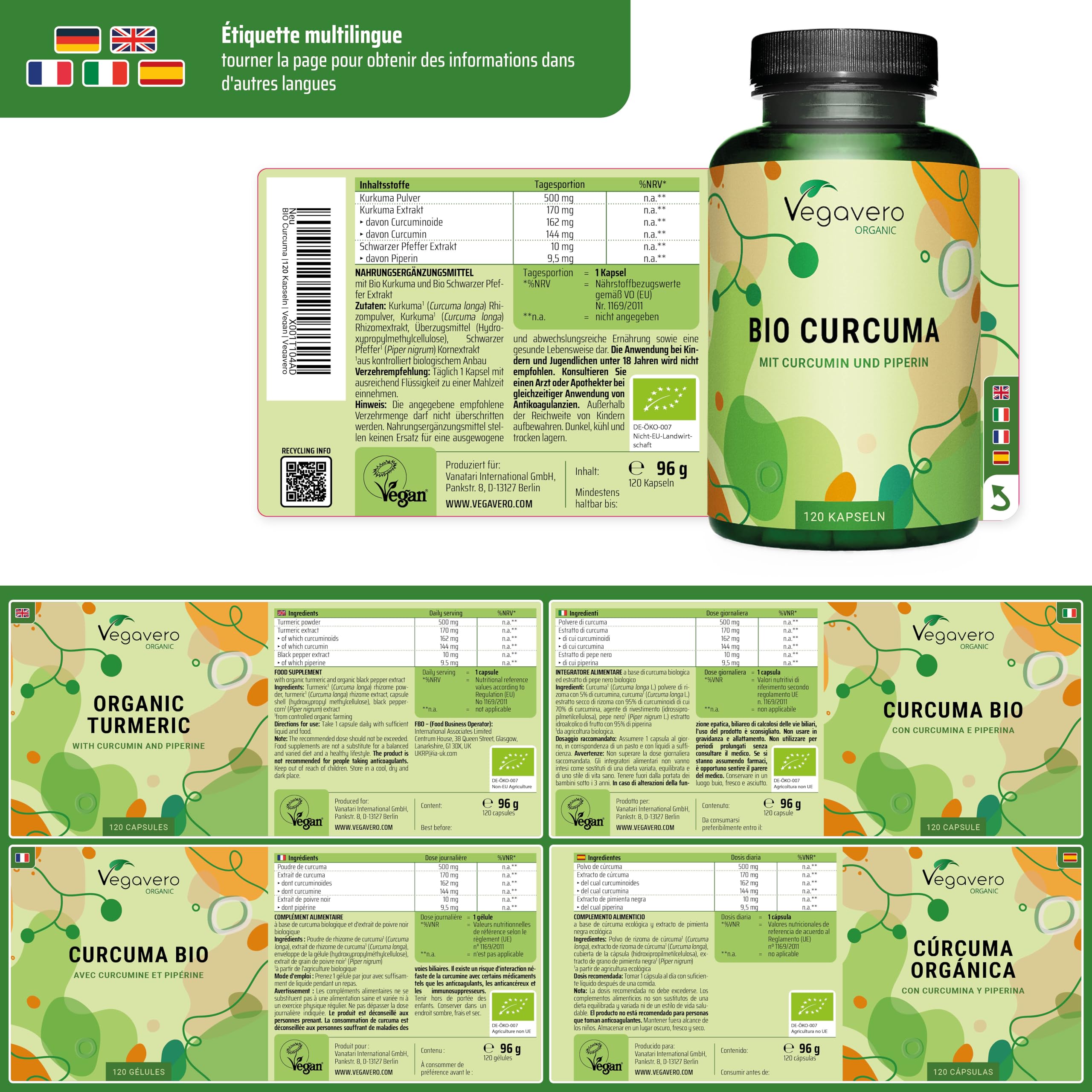 Curcuma BIO Vegavero® | Dosage Élevé | Avec Poivre Noir (Haute Absorption Curcumine) | Anti Inflammatoire | SANS ADDITIFS et VEGAN | 100% Biologique