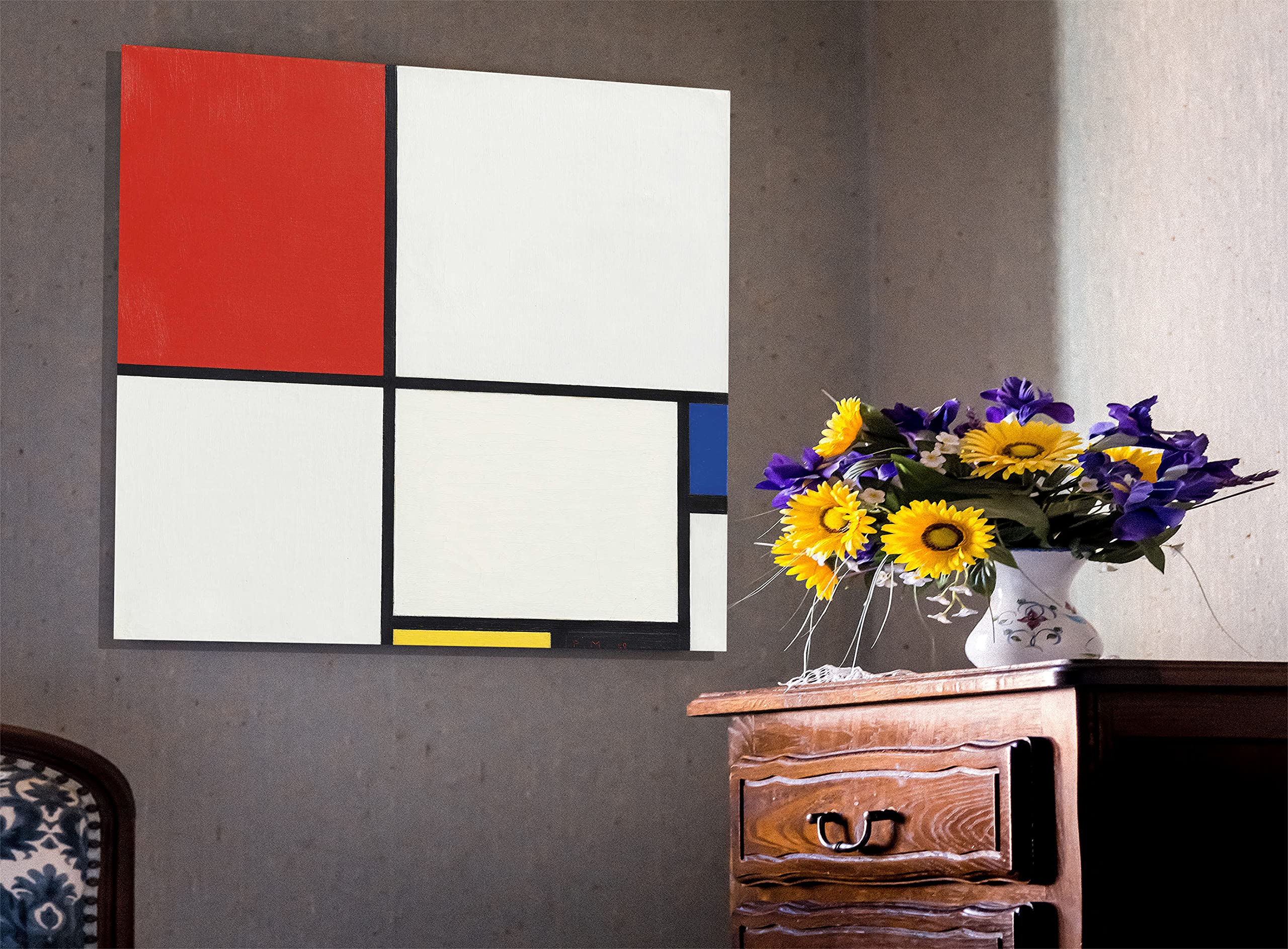 Komposition 3 mit Rot und Blau von Piet Mondrian Leinwand Bilder, Wandbild, Leinwanddrucke gespannt, gerahmt, Wandkunst, Poster, Kunstwerk, groß, 86 x 86 cm (34 x 34 Zoll)