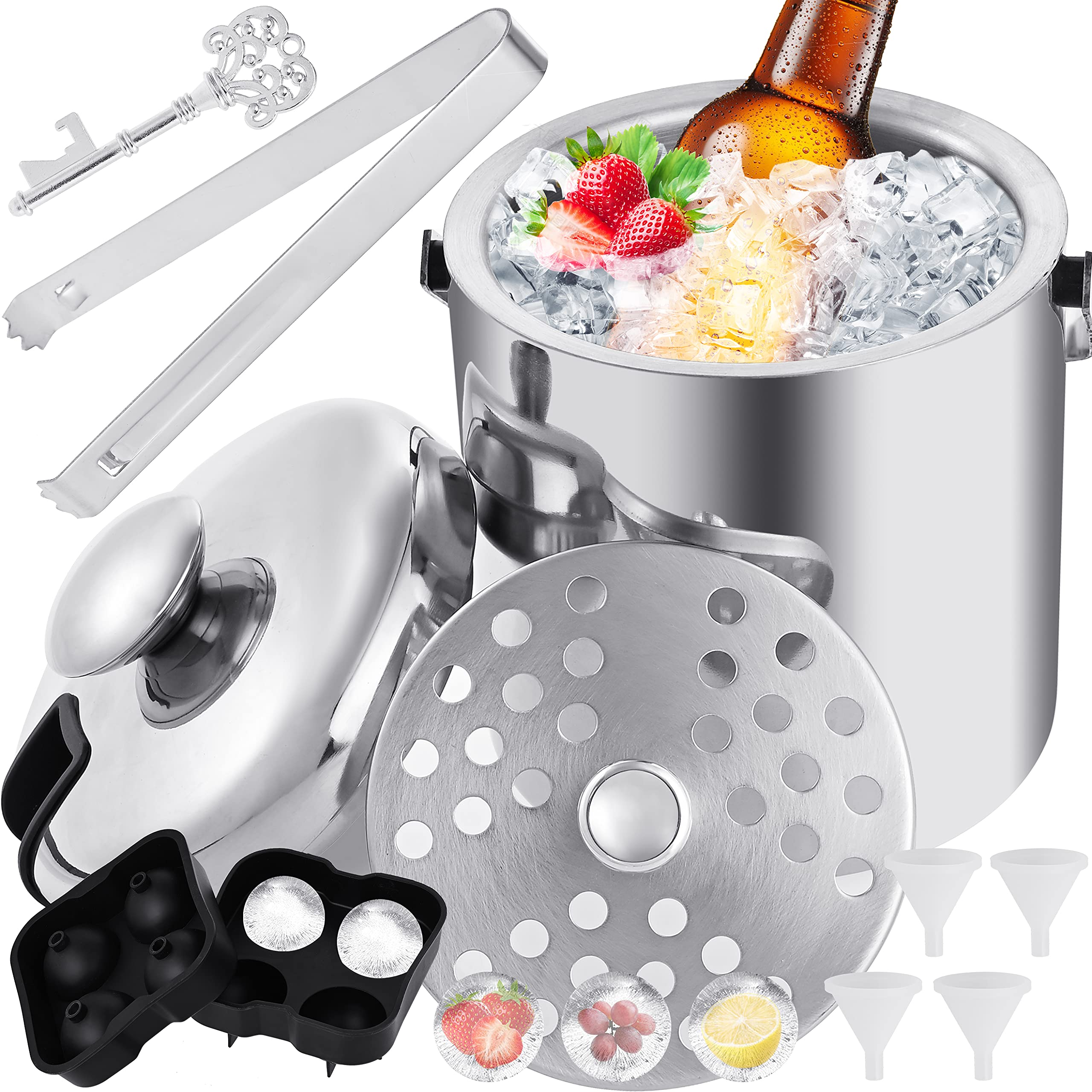 Faburo - Juego de 8 cubitos de hielo de 1,3 L, doble cubitera, de acero inoxidable, con pinza para hielo, abridor de botellas, embudo de inyección de agua y moldes para mejor refrigeración