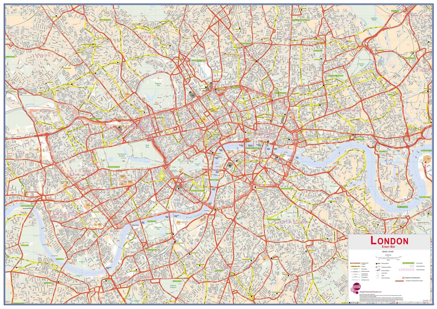 Large Central London street Wall Map (Paper)