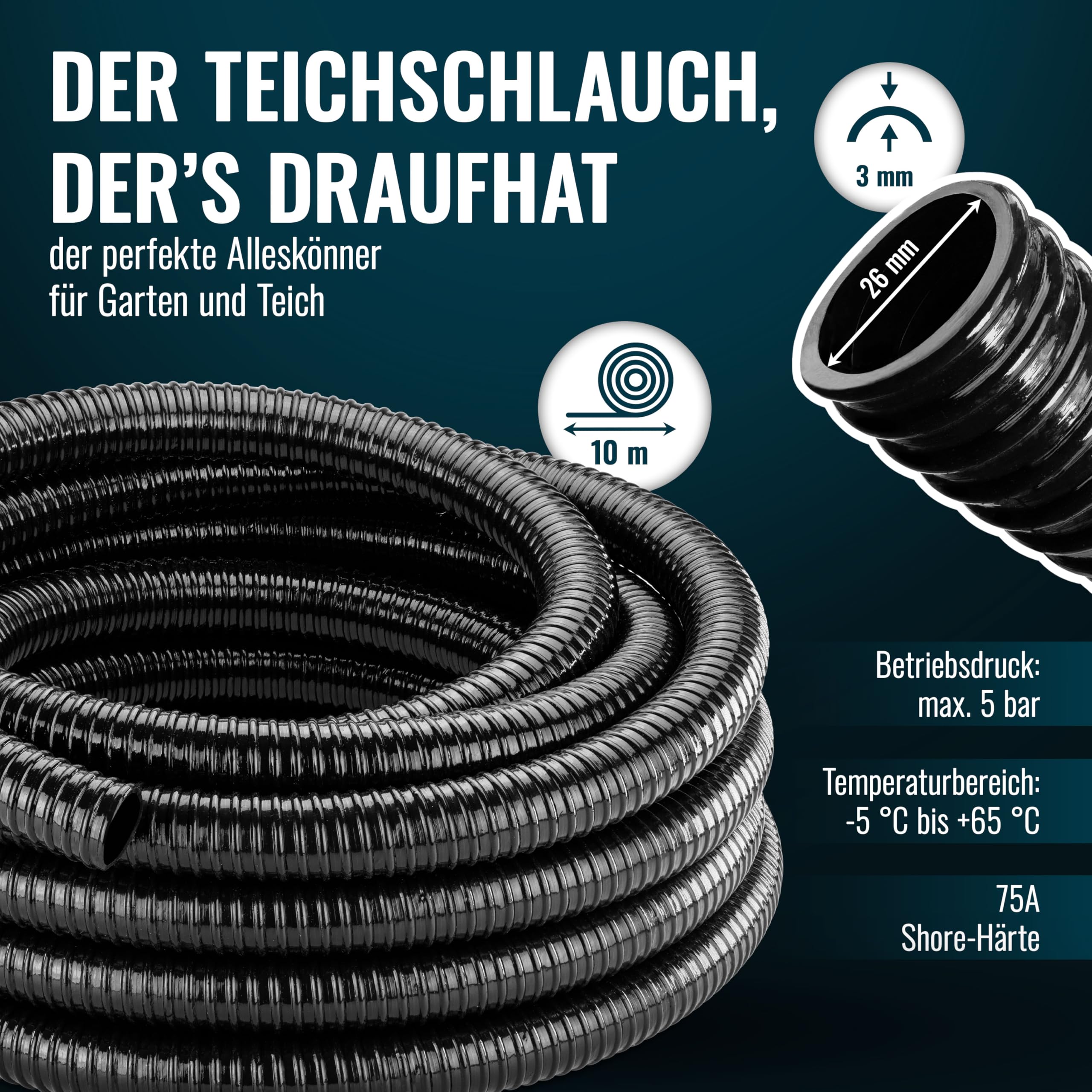 Poppstar Teichschlauch 25mm (10m Spiralschlauch 1 Zoll (ID25 / AD29mm), 5 bar Betriebsdruck, 2,5mm Wandstärke), schwarz