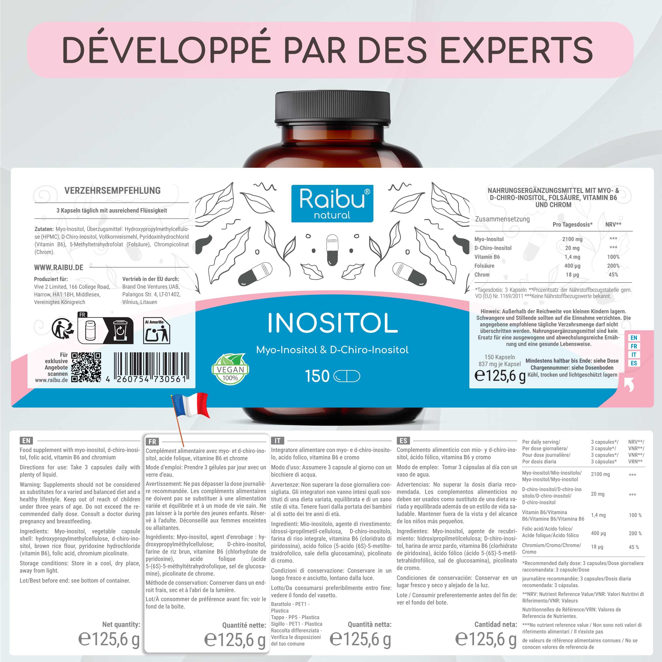 Inositol, Myo Inositol & D-Chiro, 150 Gélules - SOPK & Équilibre Féminin, Avec Vitamine B6, Acide Folique et Chrome - Naturel, Sans Additifs et Végan - Raibu