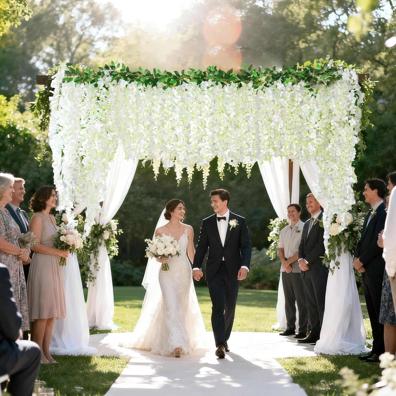 60 Branches Wisteria Hanging Flowers, 4Pcs Wisteria Artificial Flowers Garland, Artificial Wisteria Vine Silk Hanging Flower for Home Garden Outdoor Ceremony Wedding Arch Floral Decor (White)