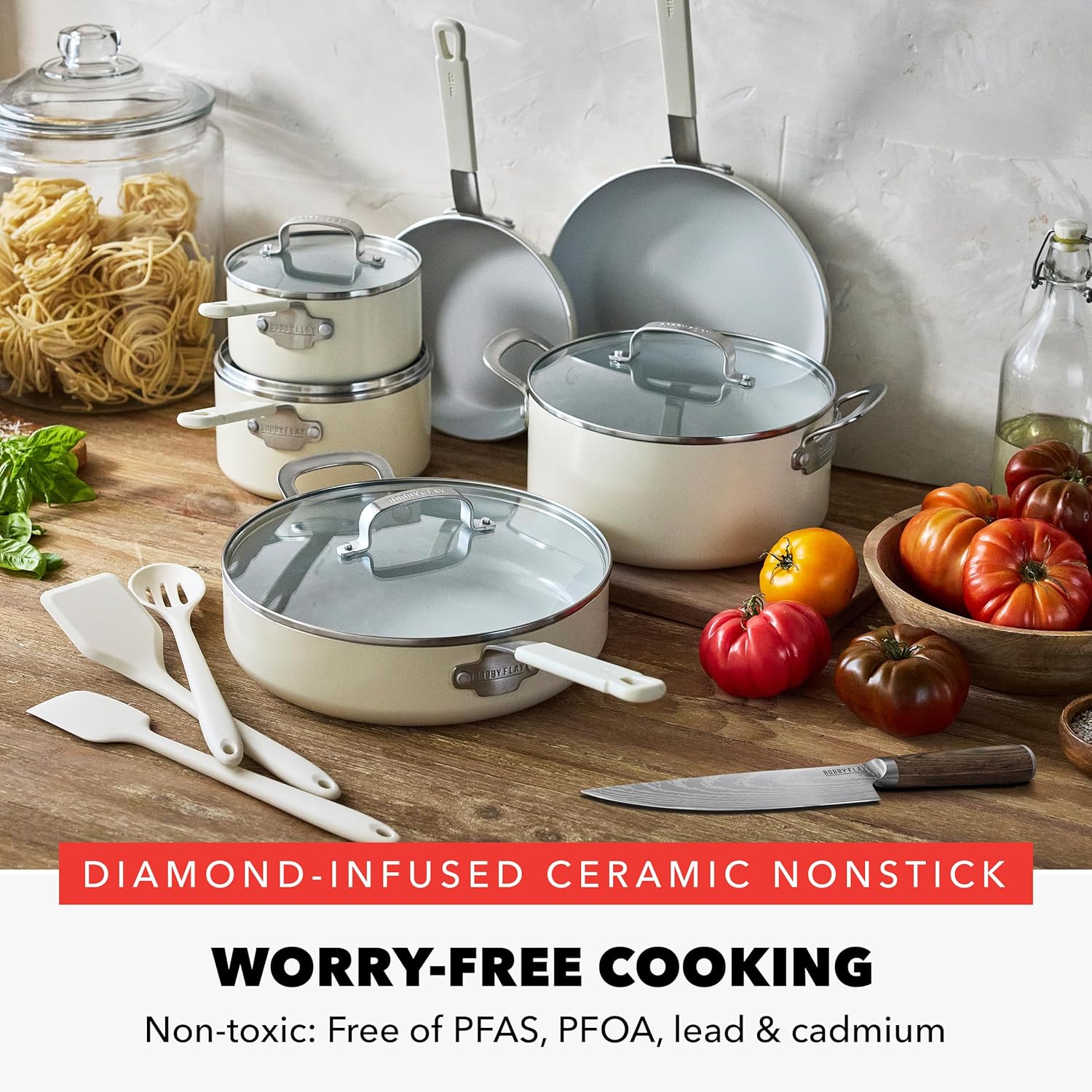 GreenPan x Bobby Flay 13 Piece Cookware Pots and Pans Set and 8" Chef's Knife. PFAS & PFOA-Free Ceramic Nonstick, Induction Suitable, Stay-Cool Silicone Handle, Dishwasher & Oven Safe, Cream
