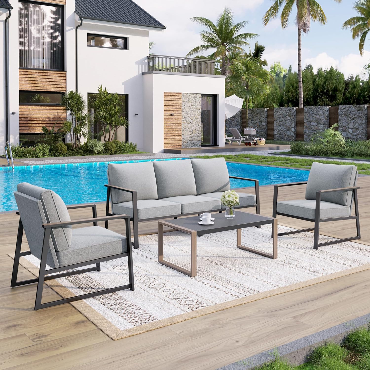 GREEN PARTY Modern Metal Patio Furniture Sets, 4 Pieces Olefin-Filled Textilene Cushion Outdoor Conversation Sets with Coffee Table, 5 Seats Outdoor Sectional Sofa for Patio,Backyard, Gray