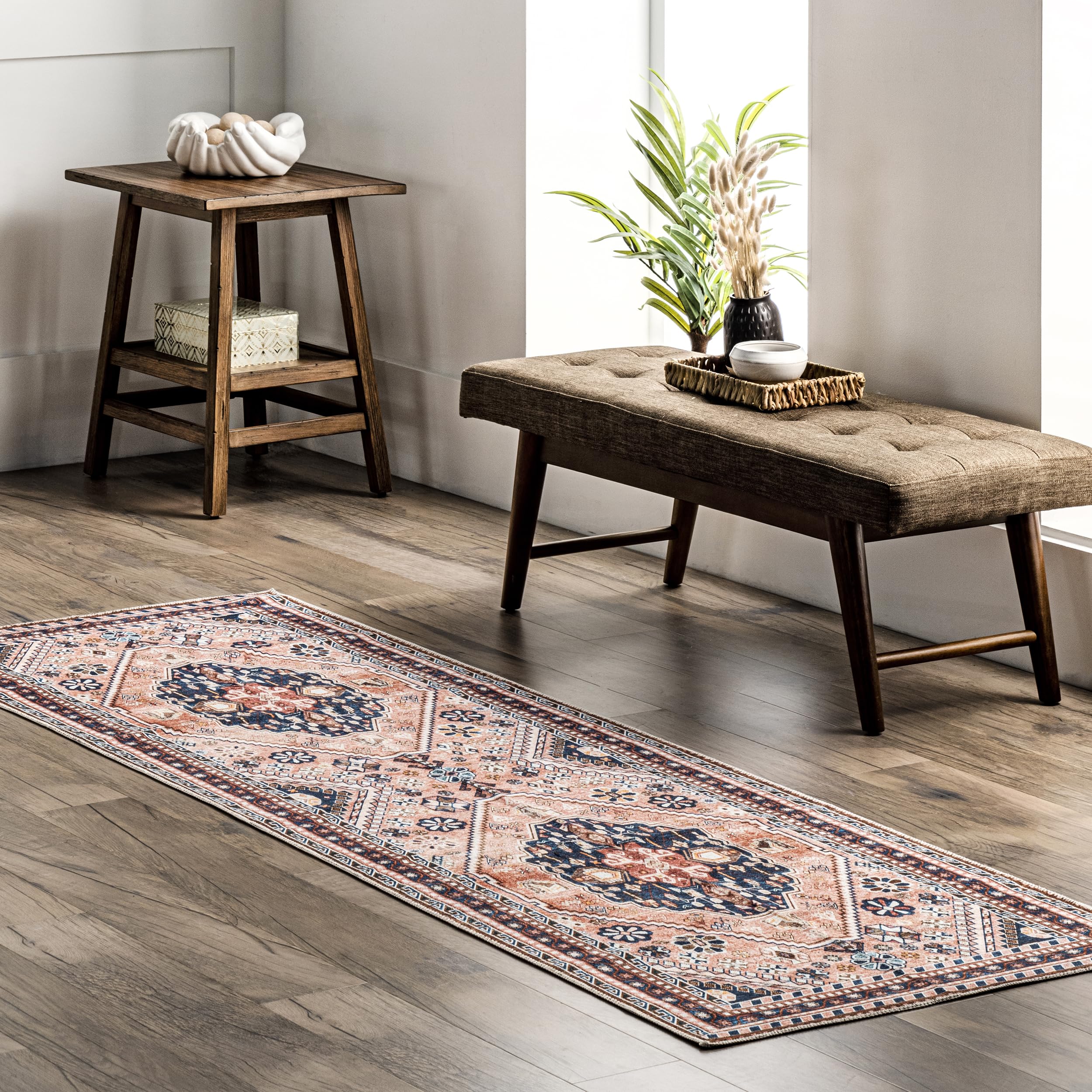 Tapis de couloir lavable motif médaillon bohémien bleu 75x200