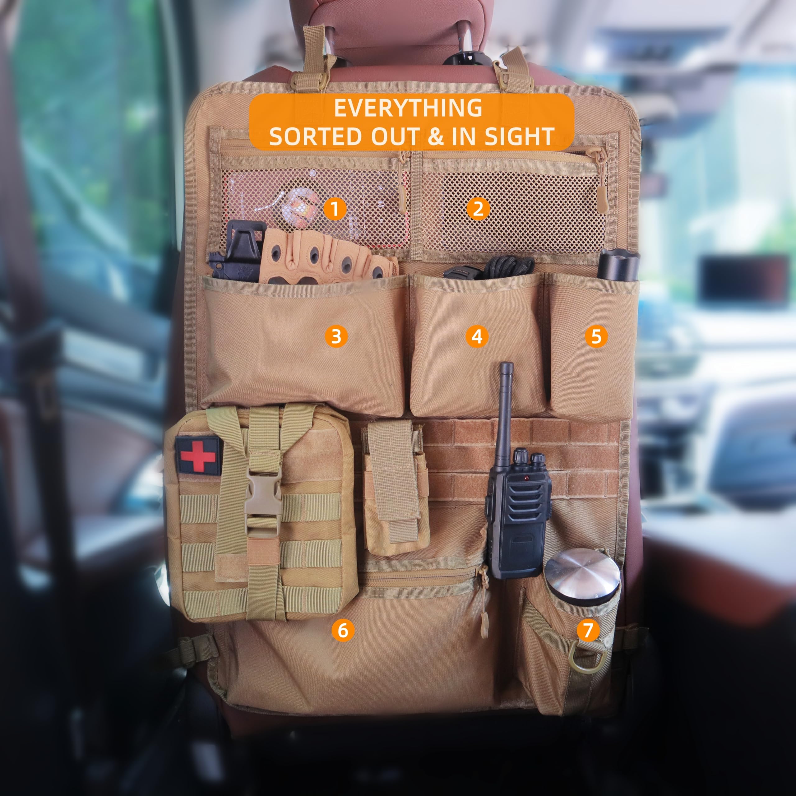 WHEELOJOY 7-Compartment Tactical Car Seat Back Organizer, MOLLE/Velcro Compatible, Waterproof, Ripstop 600D Polyester Fabric, Quick Adjust Buckle Straps for Universal Fit on Most Cars/Trucks/Jeeps