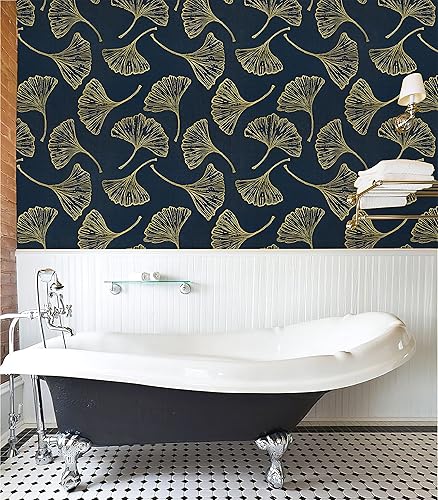 Miniatura 4 de Papel tapiz adhesivo blanco y dorado para armarios, papel adhesivo extraíble para dormitorio, baño, revestimiento de paredes de hojas de ginkgo,