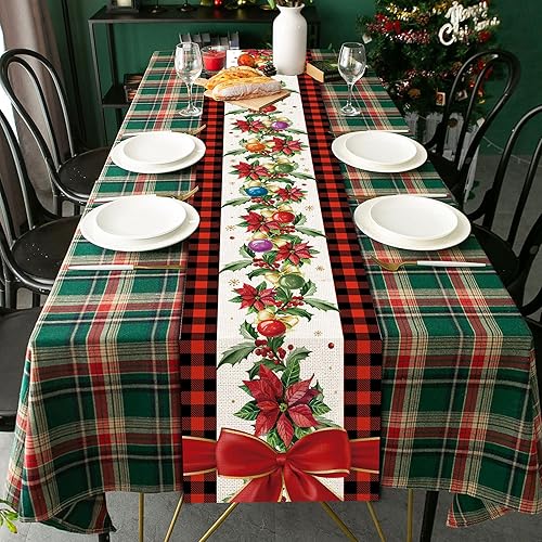 Miniatura 6 de Camino de mesa de Navidad, caminos de Navidad para mesa de 108 pulgadas de largo, camino de mesa a cuadros de búfalo, tema navideño, tapete de mesa