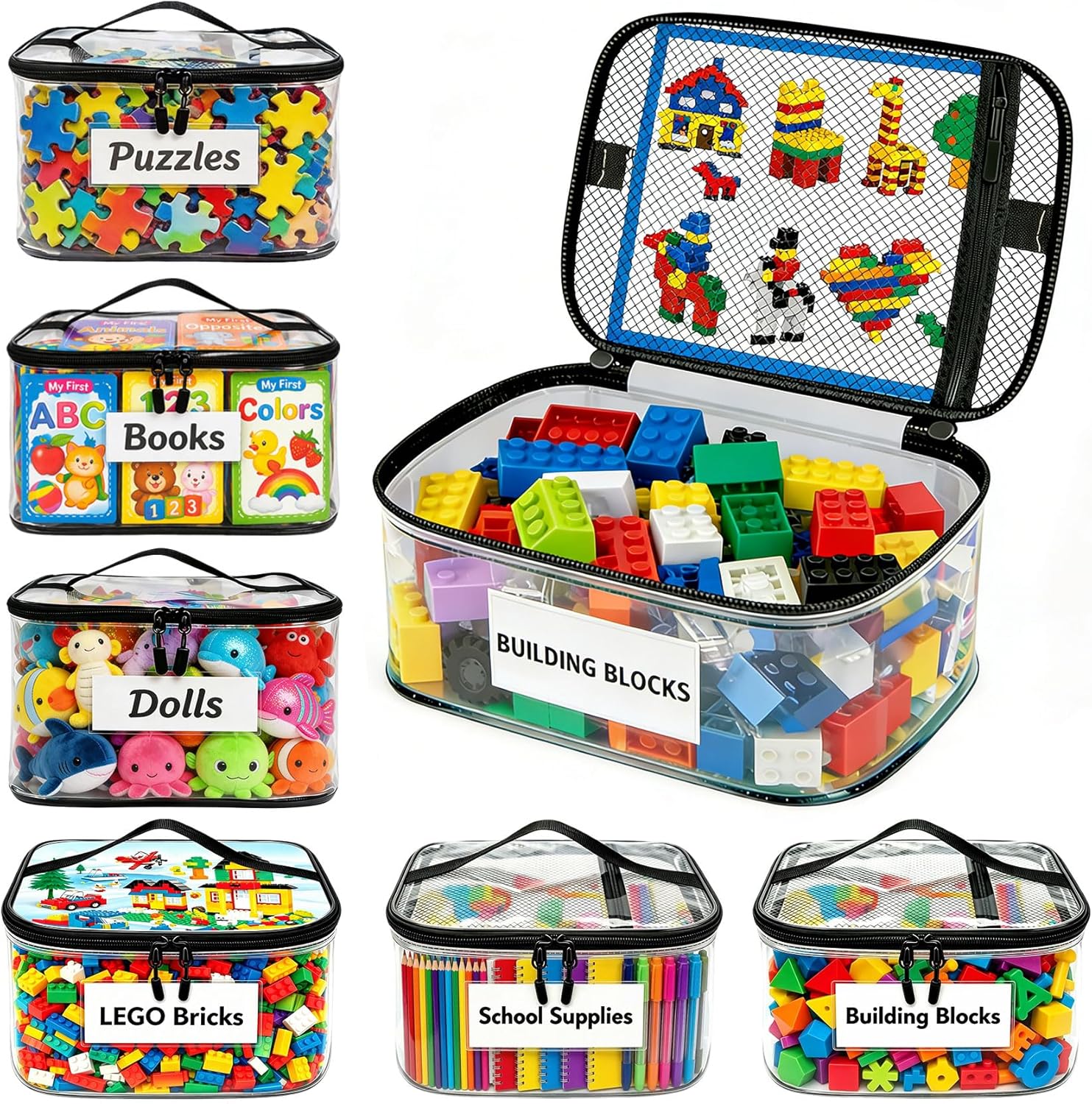 6 Pack Large Clear Toy Storage Bag with Name Tag, Waterproof PVC Toy Organizer Bags with Zipper & Manual Pocket, Toy Storage Organizer for Lego Bricks, Building Blocks, Board Games, Puzzles, Kid Books