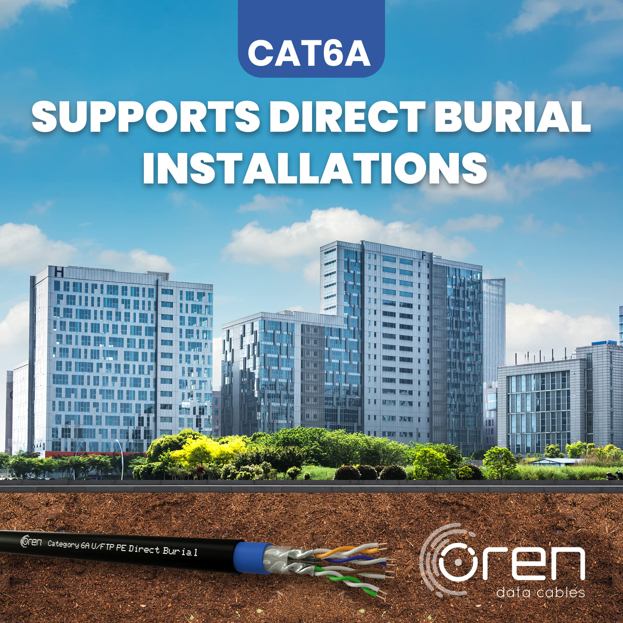 Oren CAT6A 50m Cable Ethernet Para Exteriores - Entierro Directo - Cable de Cobre Puro 23 AWG - Cable de Red LAN de Internet U/FTP de 500 MHz de Ancho de Banda, Libre de Halógenos - 10 GbE