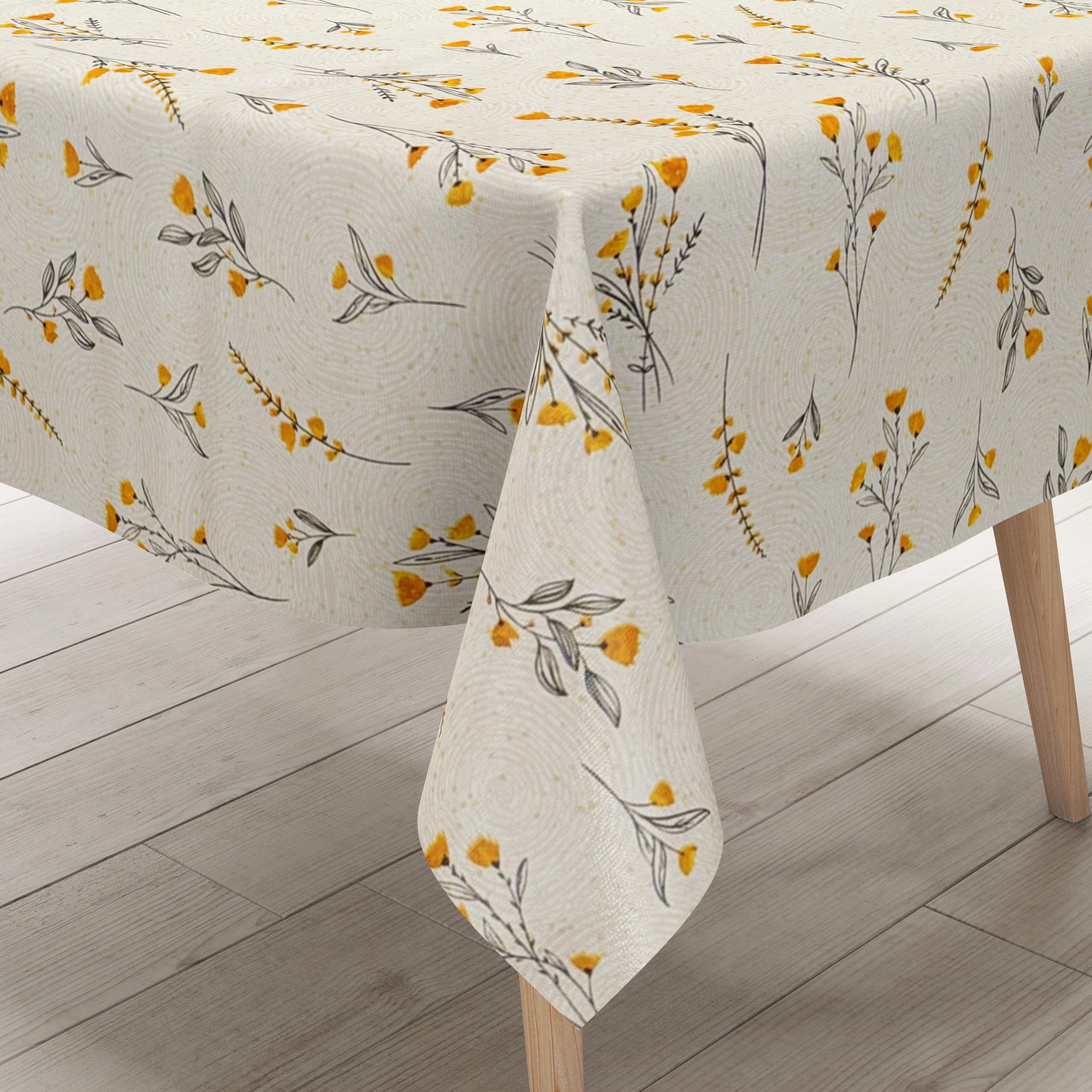 KEVKUS Wachstuch Tischdecke geprägt P1165-1 Wiesenblumen gelb Kreise wählbar in eckig, rund und oval - Größe oval 140x300cm mit Paspelband