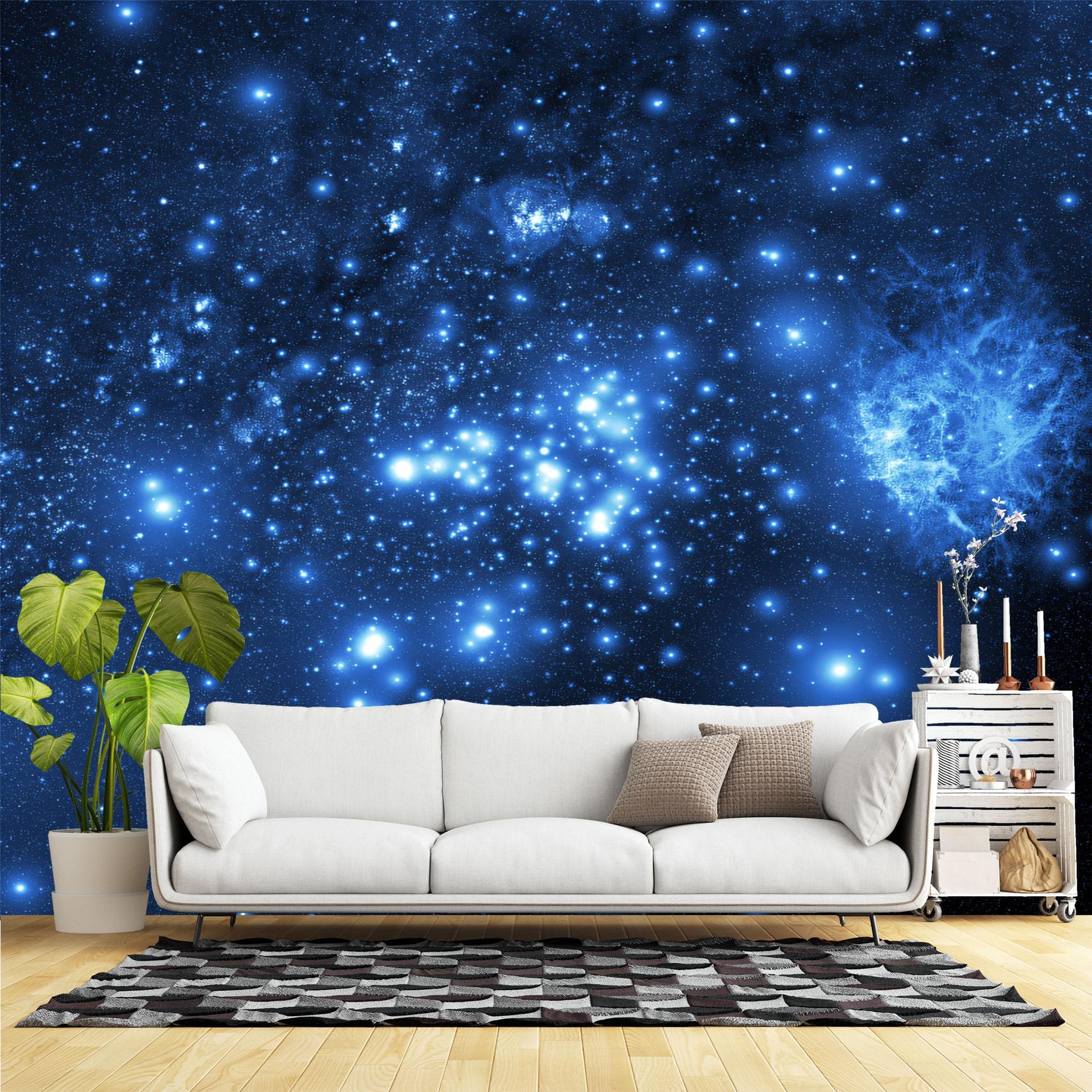 Custom Size Wall Murals,Blue Star Cluster Nebula Deep Space Self-Adhesive Wall Fabric (NO PVC) Removable Large Photo Wallpaper for Living Room, Bedroom,Office