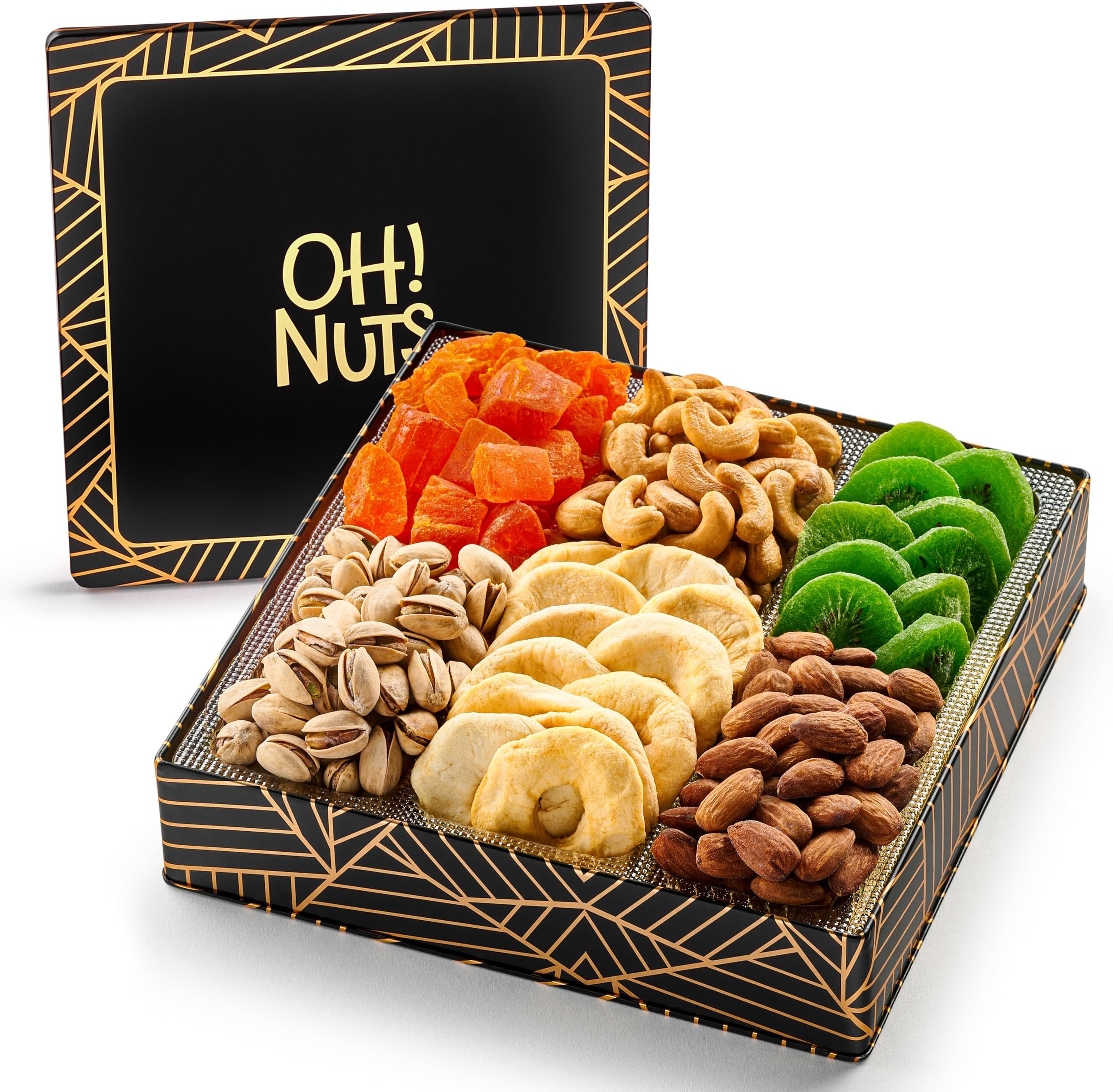 Oh! Nuts 6 Section Dried Fruits and Nuts Gift Basket - Gourmet Assorted Fruit & Nut Gifts Baskets - Healthy Food Square Metal Tin Box - Festive Gifts for Holiday, Birthday, Corporate Women & Men