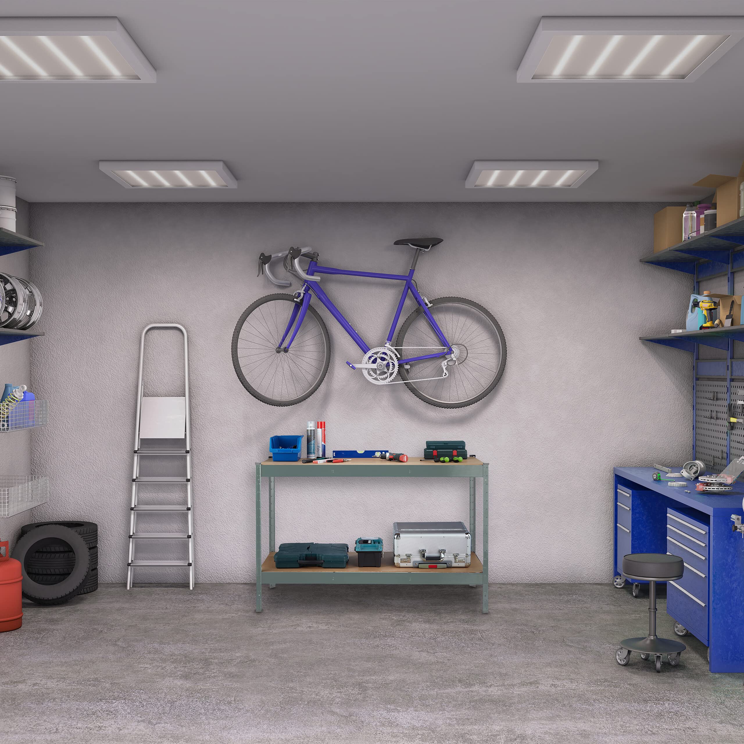 Relaxdays Banco da Lavoro Officina, Tavolo da Garage 2 Scaffali, Altezza Regolabile, Acciaio e MDF, 91x141x61 cm, Grigio