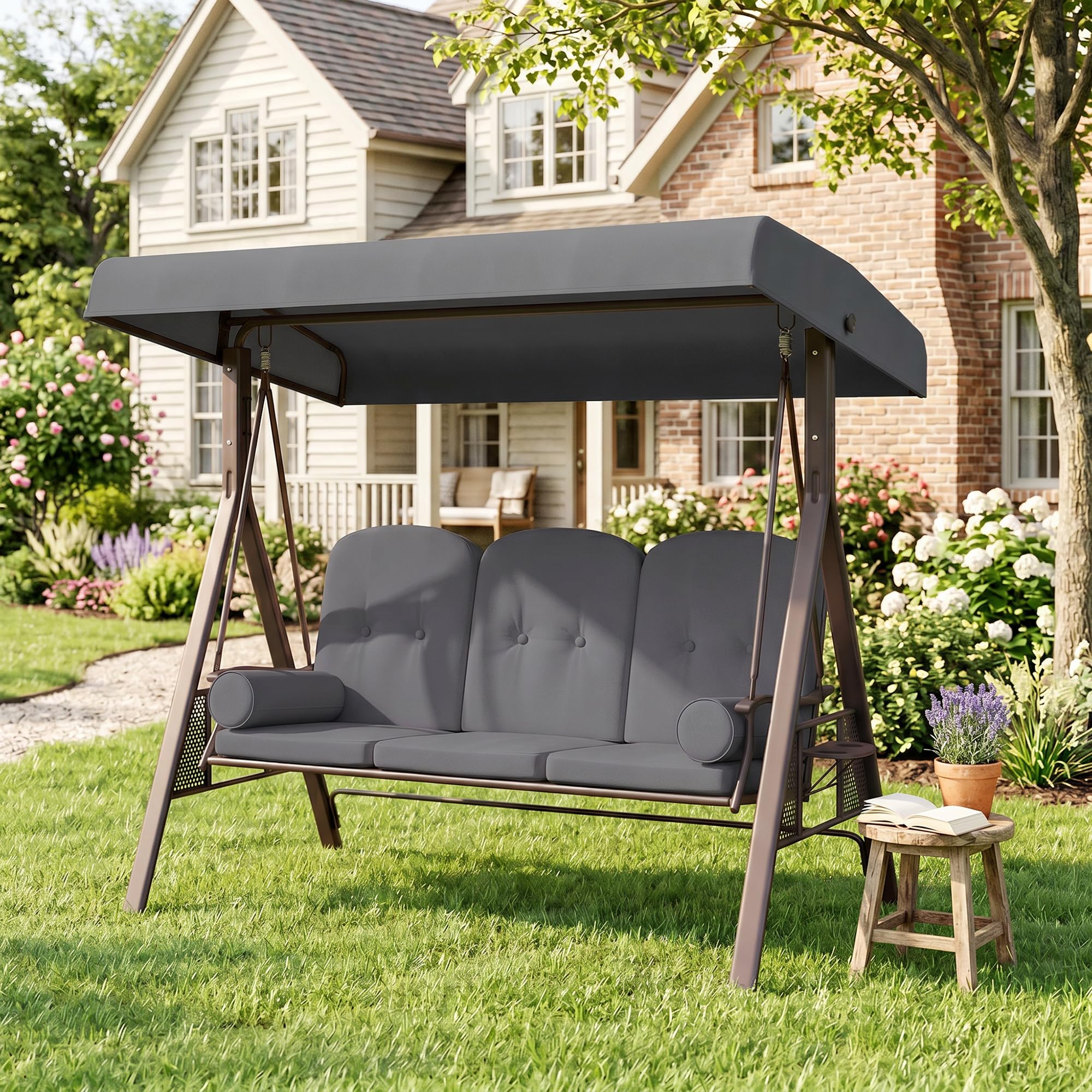 Outsunny Dondolo da Giardino 3 Posti con Tettuccio Parasole Regolabile, Dondolo da Esterno con Portabicchieri e Cuscini Imbottiti, Portata 360 kg, 208x121x172 cm, Grigio Scuro