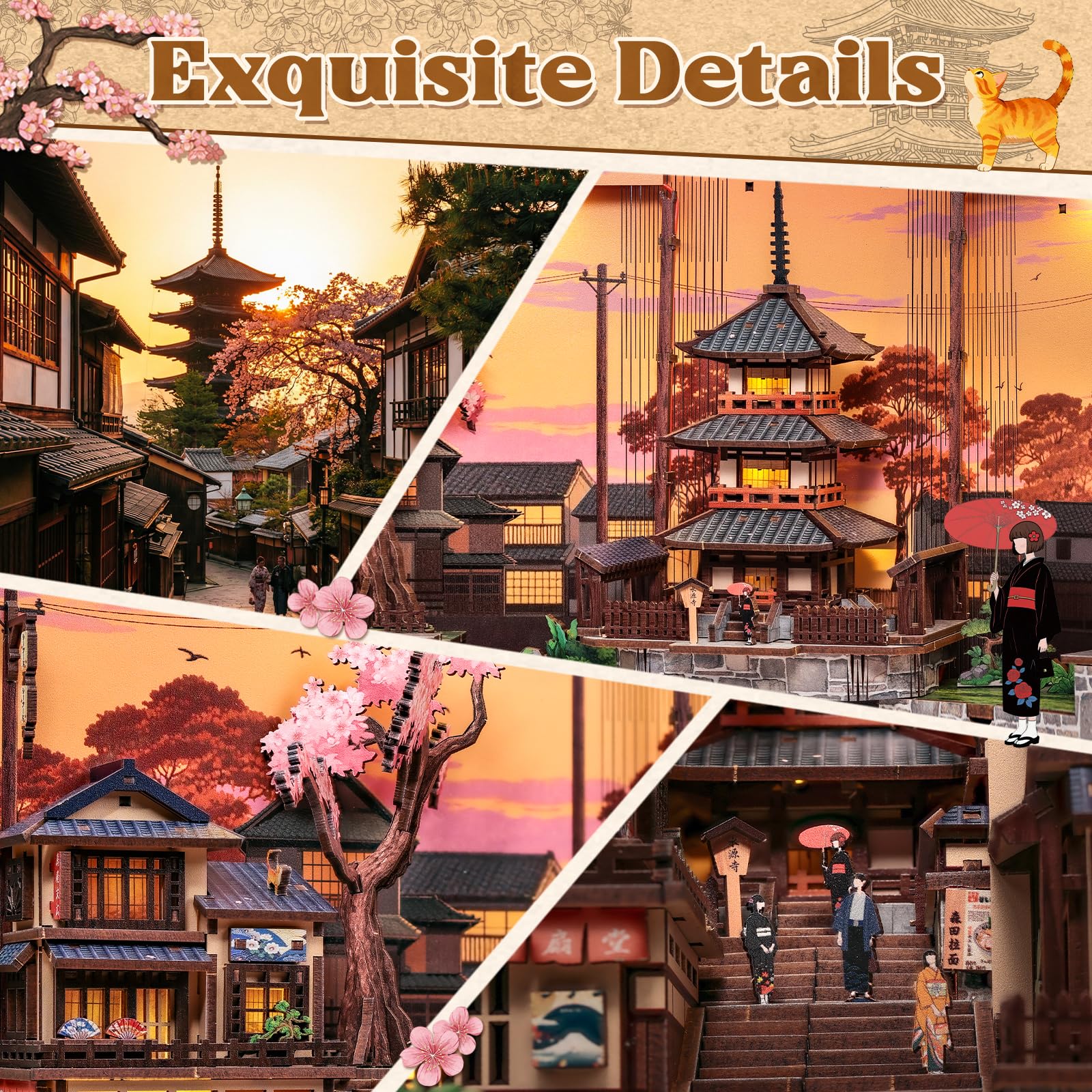 CUTE BEE Book Nook Sakura - Japanisches Booknook Kit & Miniatur Haus zum Selberbauen, DIY Miniature House mit LED-Licht, 3D Puzzle Erwachsene Bücherregal Deko Holzbausatz (Twilight Sakura Path)
