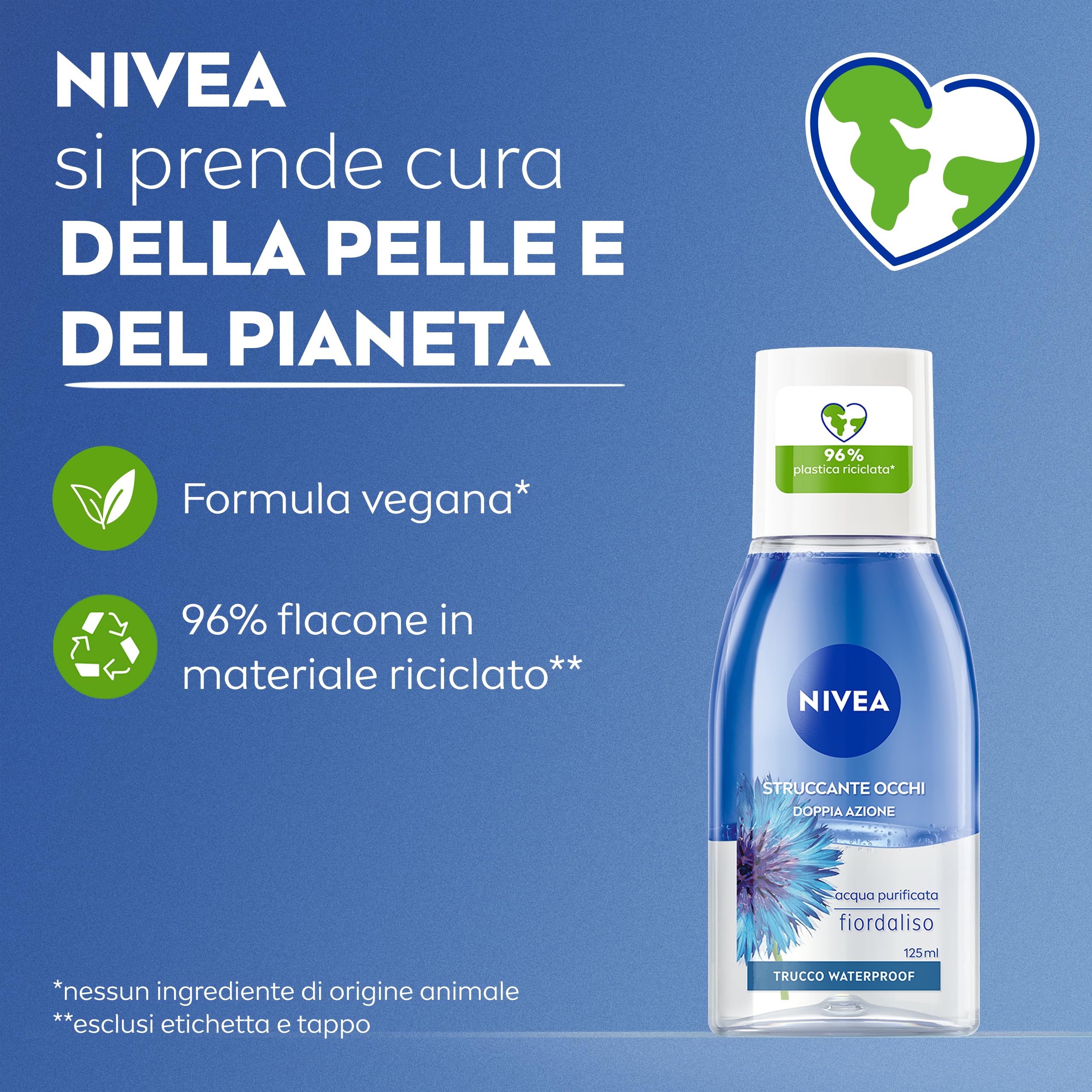 NIVEA Struccante Occhi Doppia Azione 6 x 125 ml, Struccante occhi waterproof bifasico, Detergente struccante con Fiordaliso, Rimuove mascara e make-up, Protegge le ciglia, Tutti i tipi di pelle