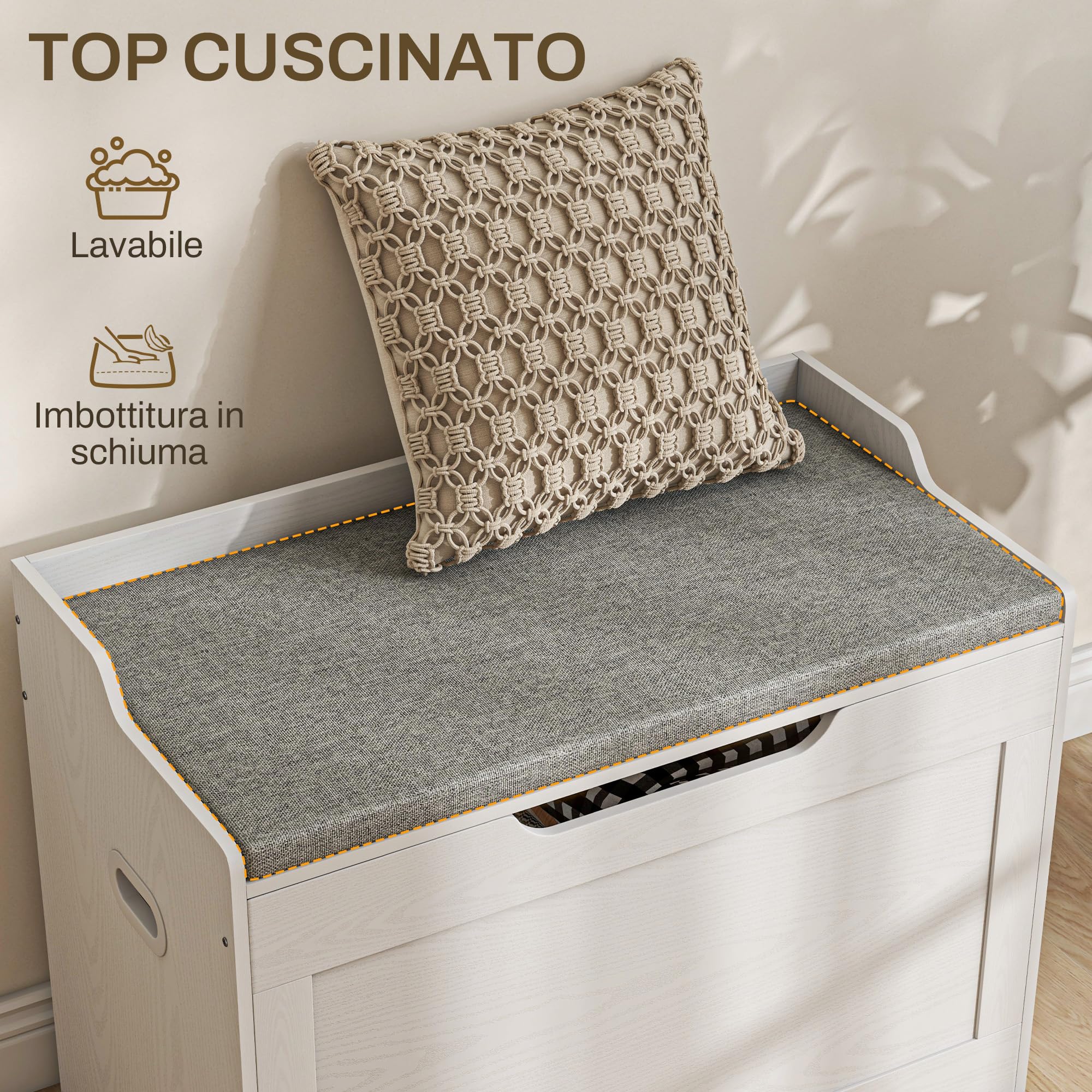 HOMCOM Cassapanca da 103L, Panca Contenitore Multiuso con Cuscino in Tessuto Lavabile, Panca Portaoggetti in Legno per Ingresso, Corridoio, Camera da Letto, Soggiorno, 75x40x56 cm, Bianco