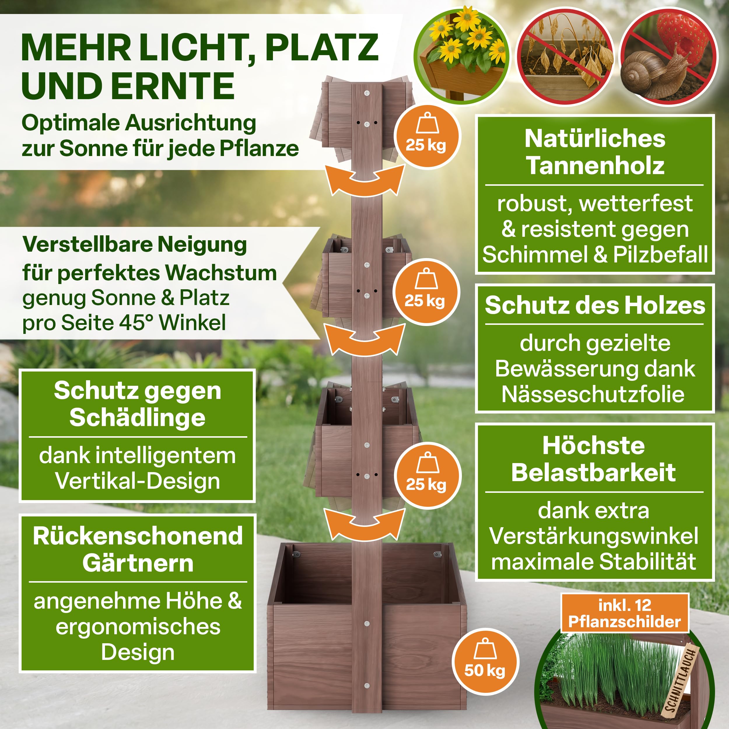 TTL GARDEN Vertikalbeet Verona 140x85x45cm 4 Etagen aus Tannenholz braun | - Vertikal Hochbeet & Kräuterhochbeet mit 4 Etagen & Folie wetterfest - Blumenkasten Kräutertreppe für Balkon Garten Terrasse