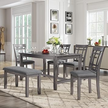 6 Piece Wooden Dining Table Set, Farmhouse Rustic Kitchen Table Set with 4 Padded Chairs and Bench for Dining Room, Pub and Bistro