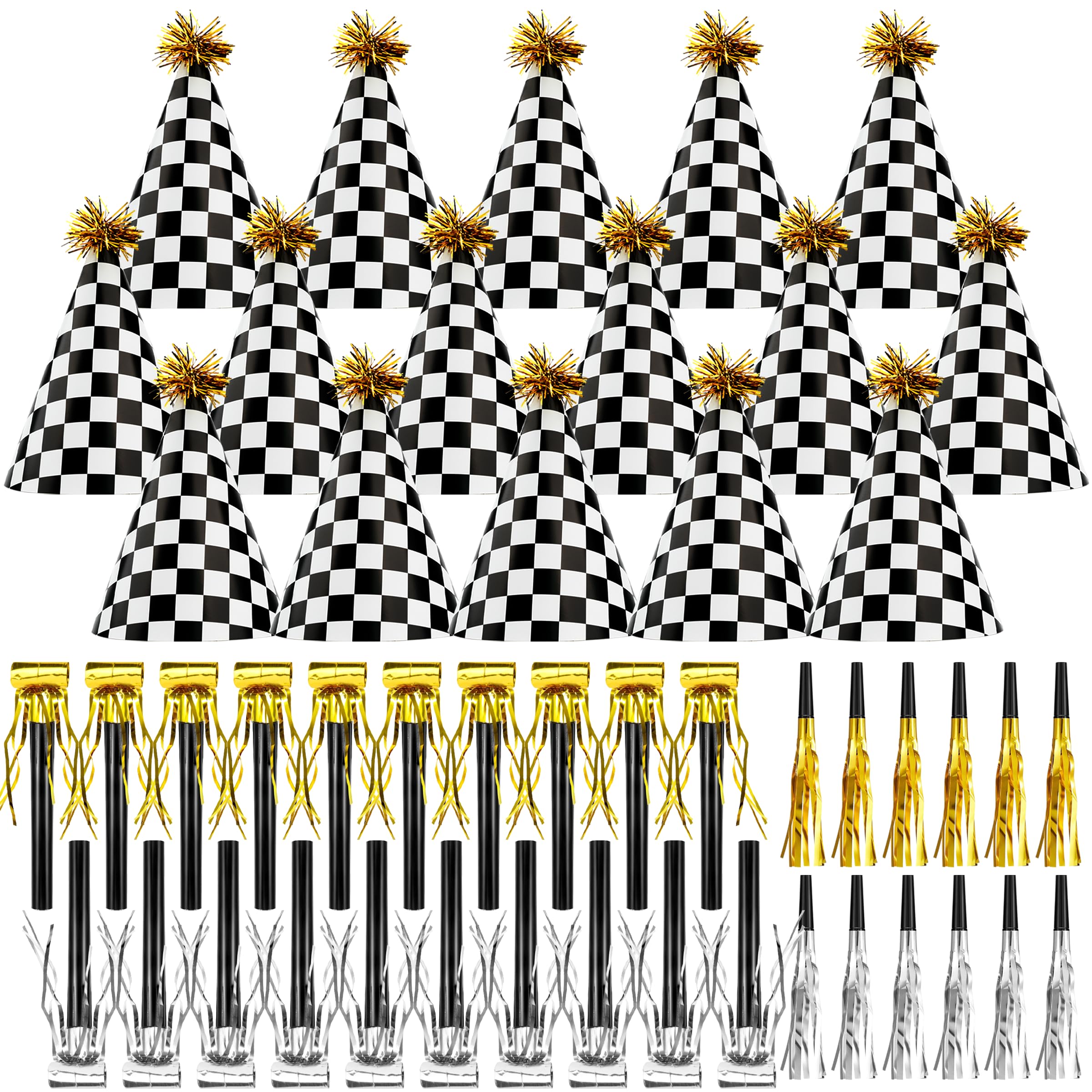 JOYEONDEF 48 Race Car Birthday Party Hats Race Car Party Supplies Include 16 Black White Checkered Cone Hats 32 Gold Noise Makers
