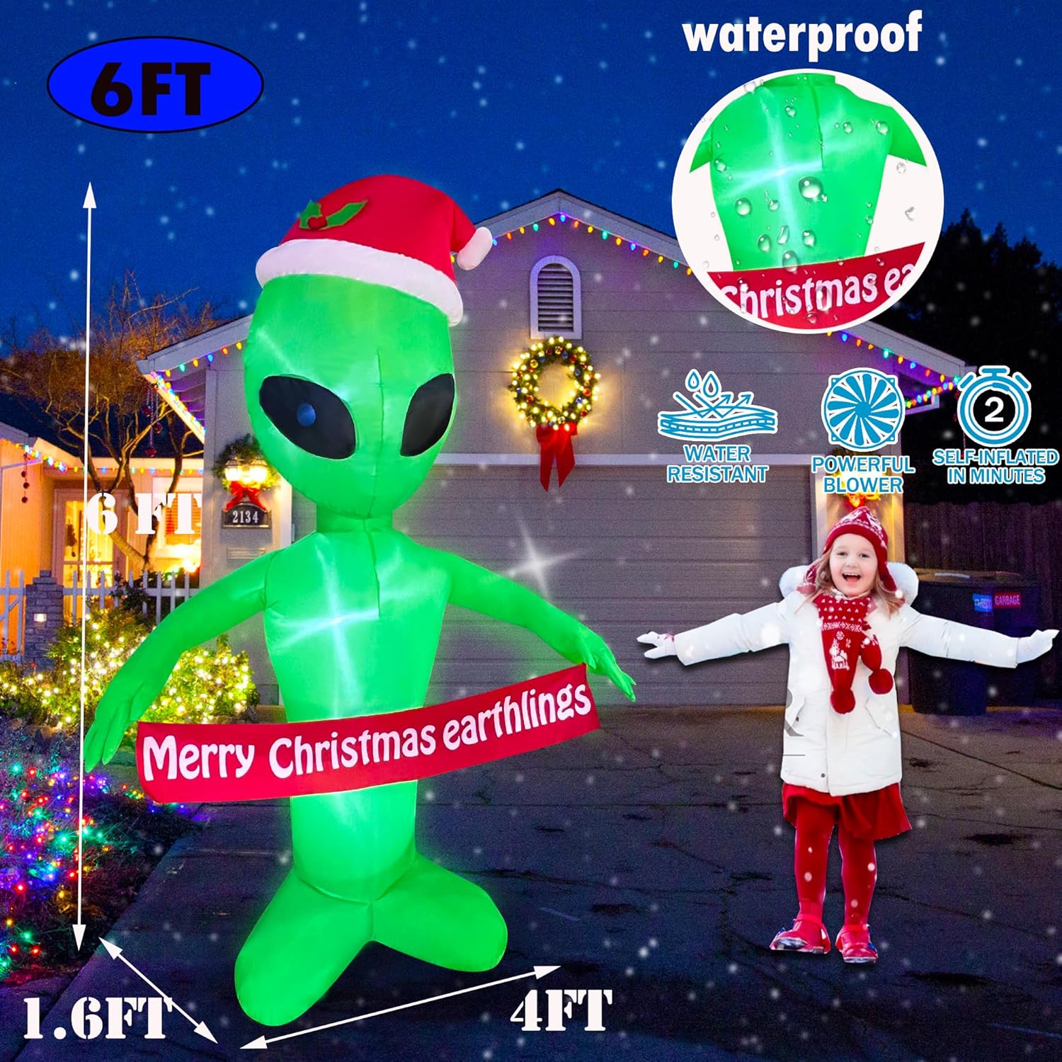 6 FT Christmas Inflatables Alien with Merry Christmas Earthlings Banner Decorations LED Lighted Xmas Christmas Blow Up Yard Decorations for Party Indoor Outdoor Garden Decor
