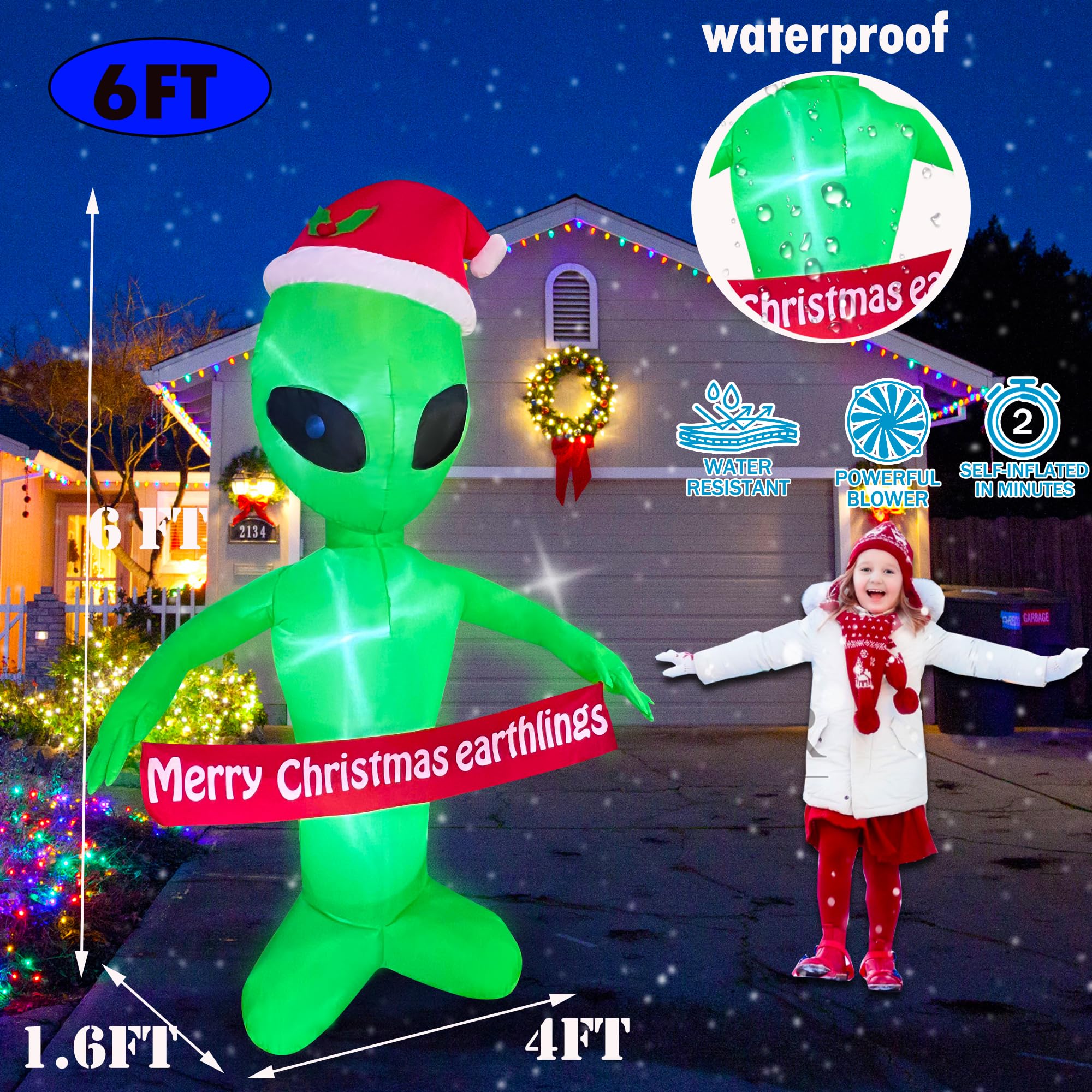 JOYEASE Straniero gonfiabile natalizio da 1,8 m con scritta Merry Christmas Earthlings Banner Decorazioni illuminate a LED per feste per interni ed esterni, giardino, cortile, decorazione