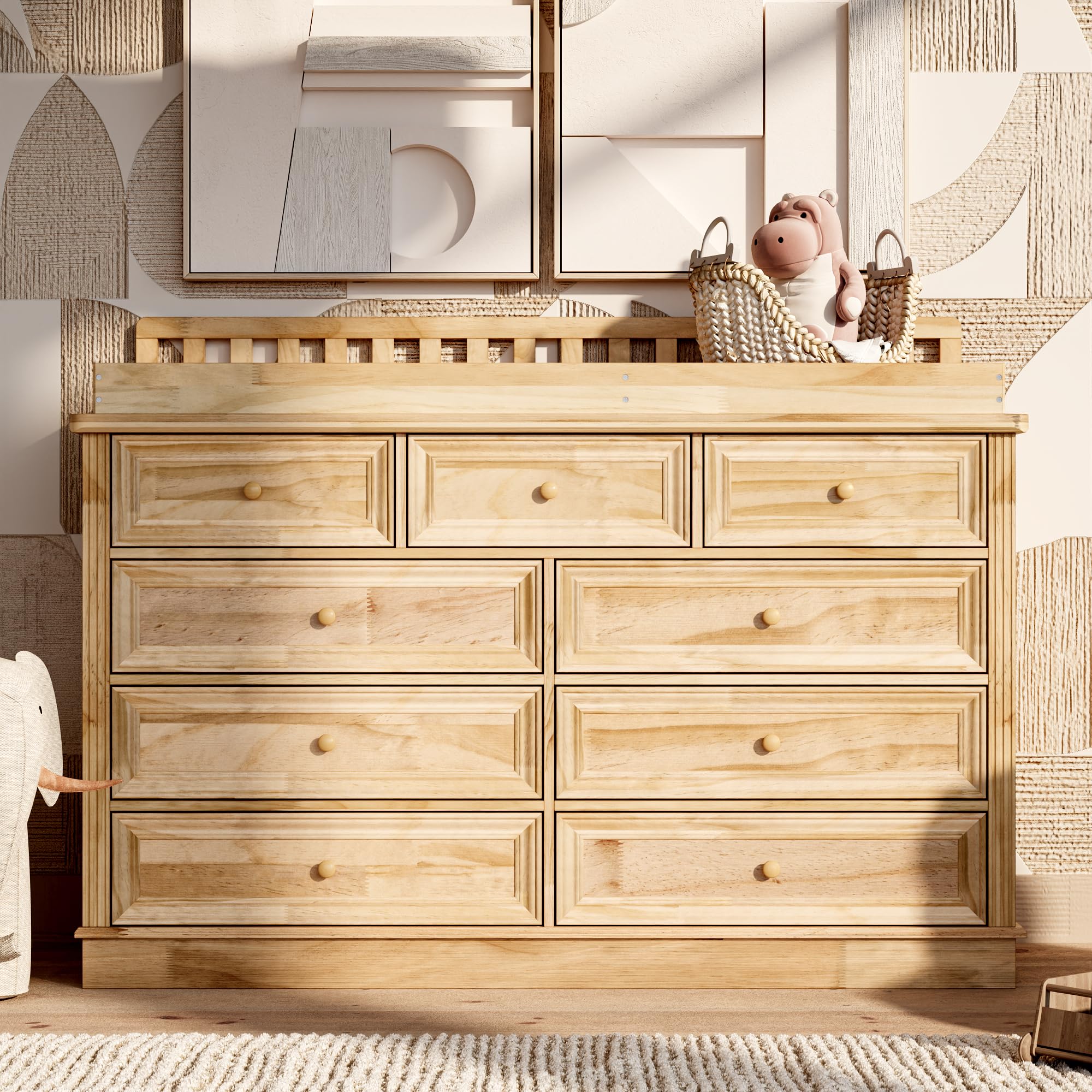 Homsee 9-Drawer Solid Wood Baby Changing Table Dresser in Nature Color